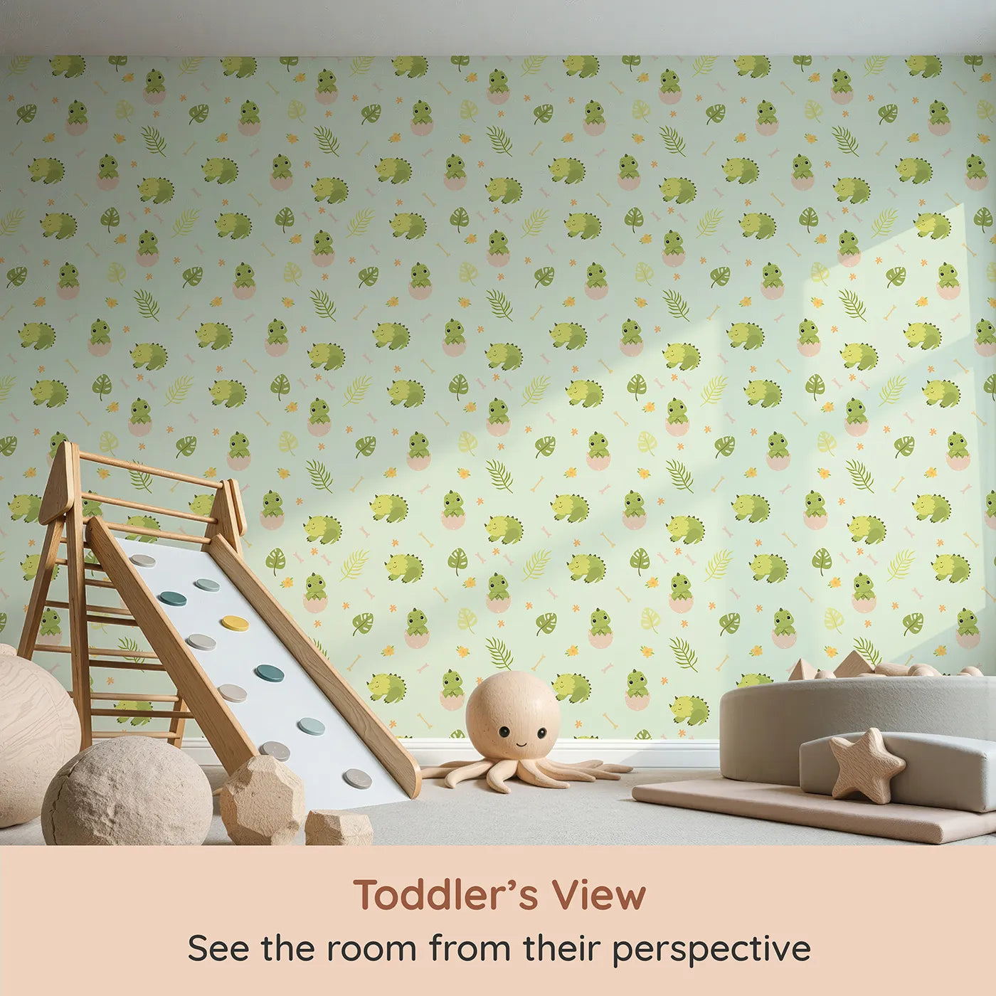 Whimsy Tots Hatching Dino Friends Wallpaper in Mint Meadow Green (W3109C) from your child's view.Leafy greens and baby dinos bring soft adventure to every wall.