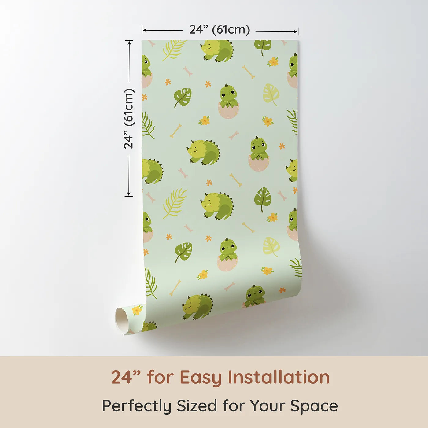 Dimension view of Whimsy Tots Hatching Dino Friends Wallpaper in Mint Meadow Green (W3109C). Printed in 24-inch-wide panel for easy installation. Leafy greens and baby dinos bring soft adventure to every wall.