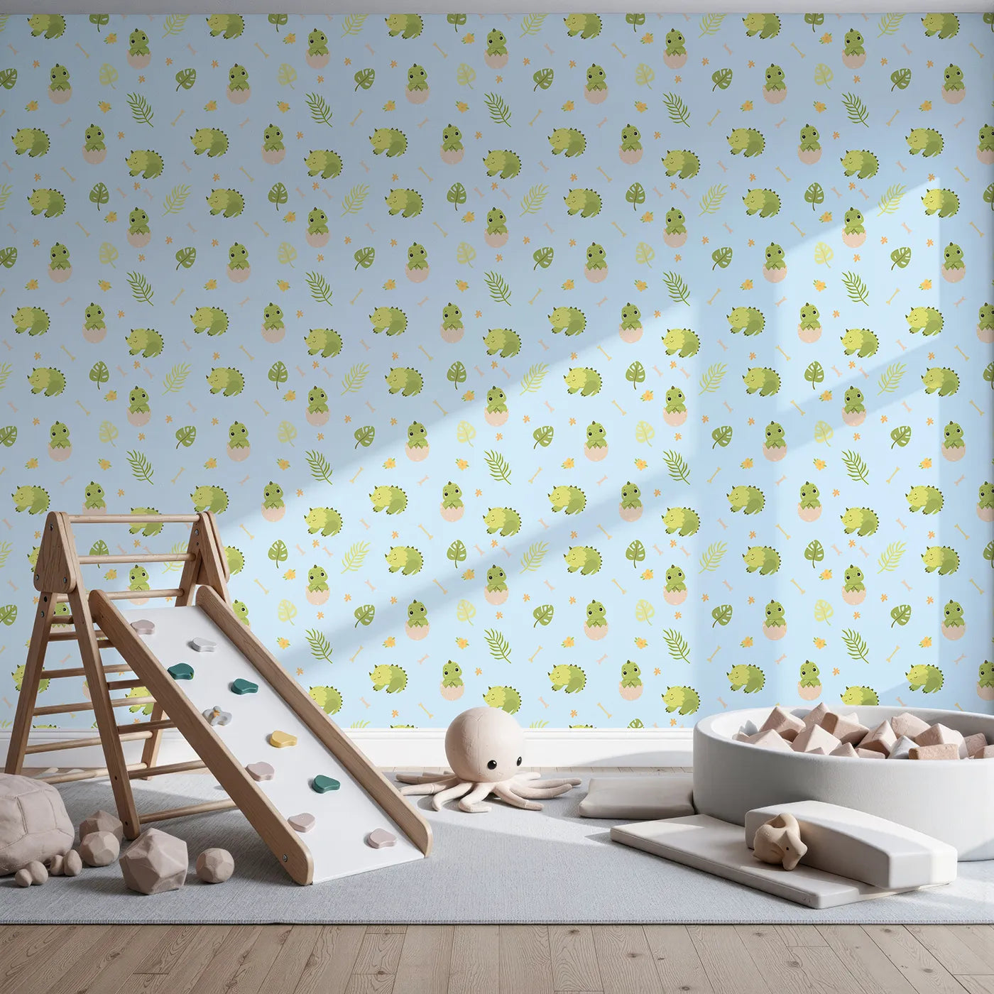 Front view of Whimsy Tots' Hatching Dino Friends Wallpaper in Sky Blue