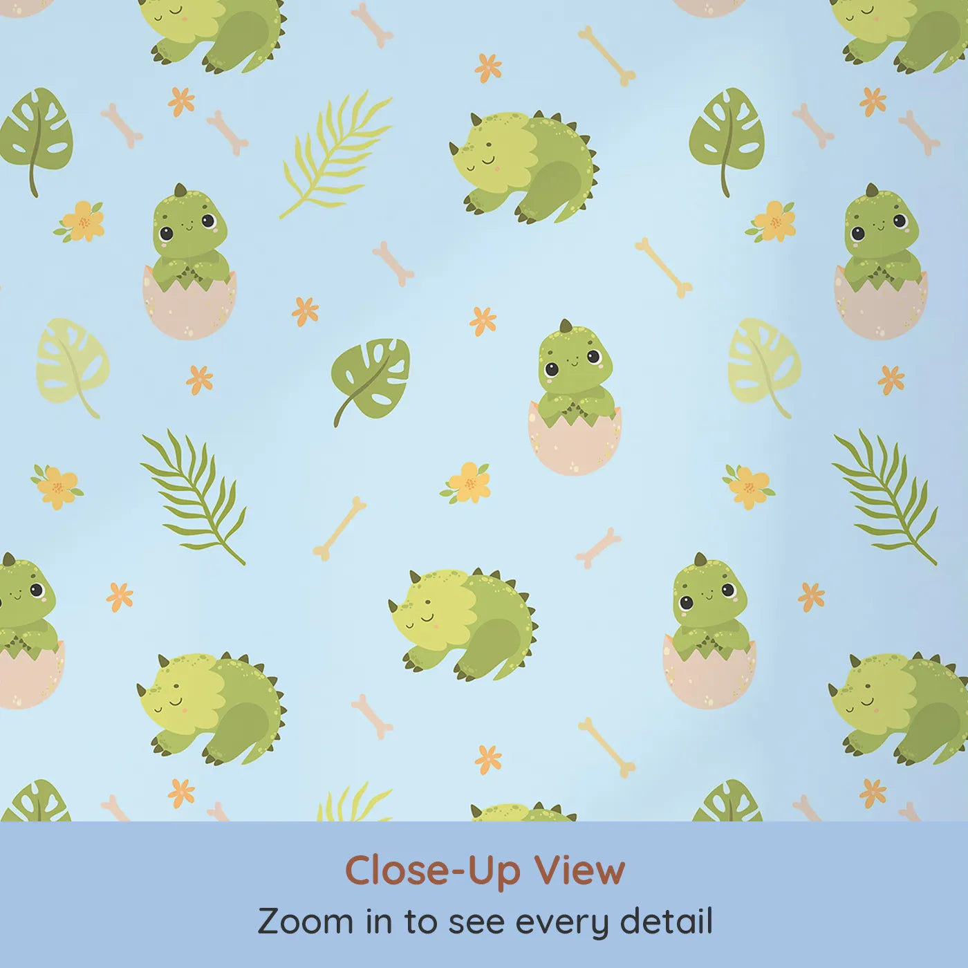 Close-up view of Whimsy Tots' Hatching Dino Friends Wallpaper in Sky Blue (W3109D).Baby dinos and tropical leaves bring gentle joy to every blue corner.