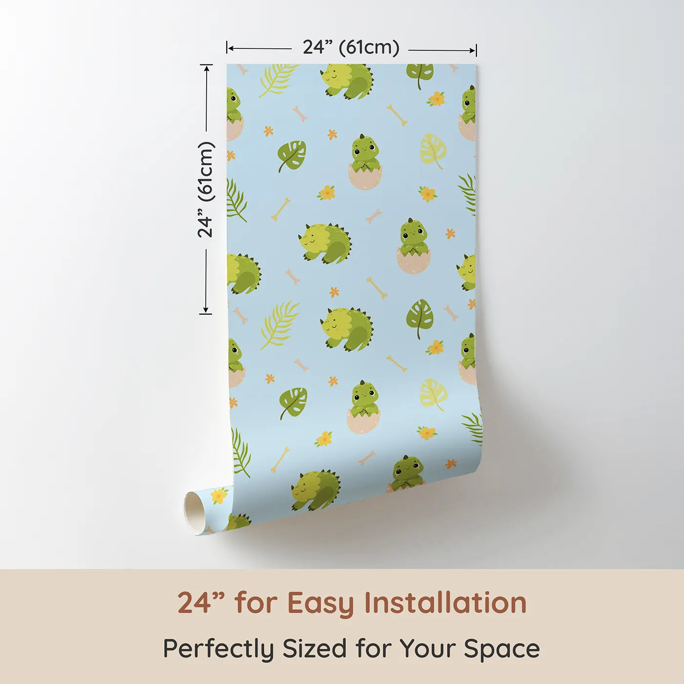 Dimension view of Whimsy Tots Hatching Dino Friends Wallpaper in Sky Blue (W3109D). Printed in 24-inch-wide panel for easy installation. Baby dinos and tropical leaves bring gentle joy to every blue corner.