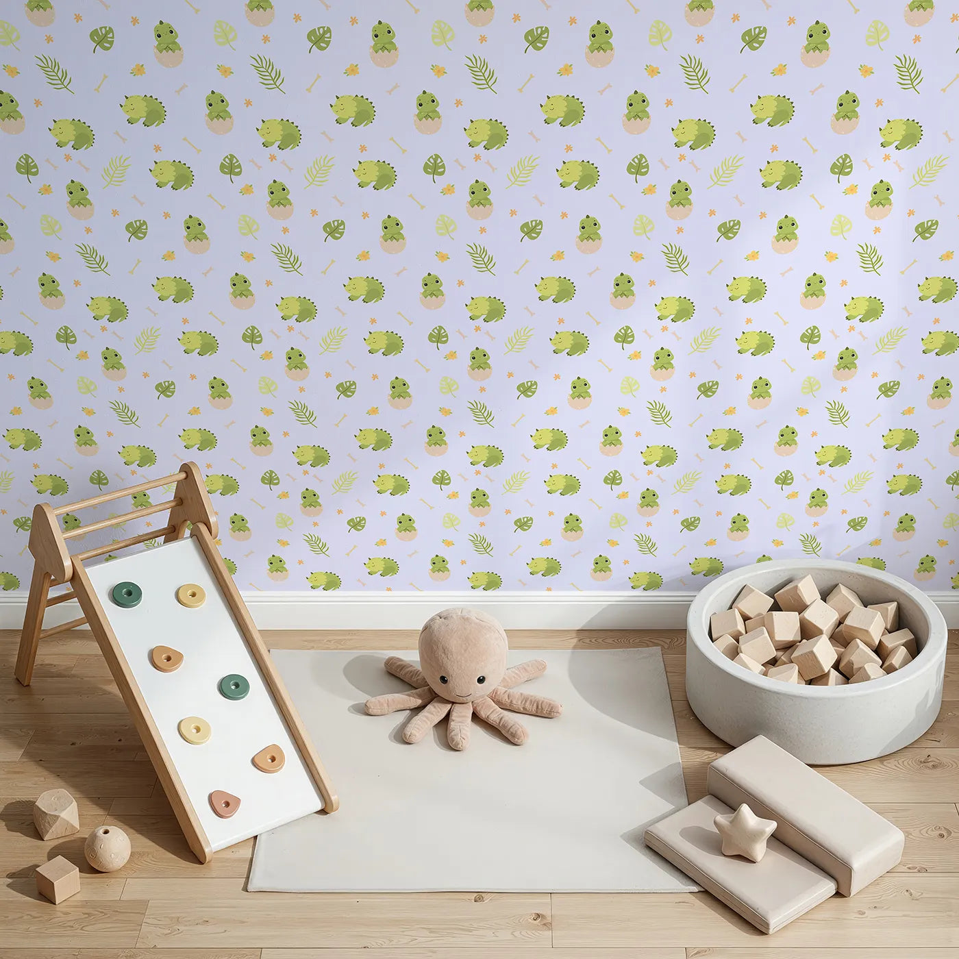 Top-Down view of Whimsy Tots' Hatching Dino Friends Wallpaper in Lilac Mist Lavender (W3109E).Sweet dinos and soft florals drift through a lavender jungle breeze.