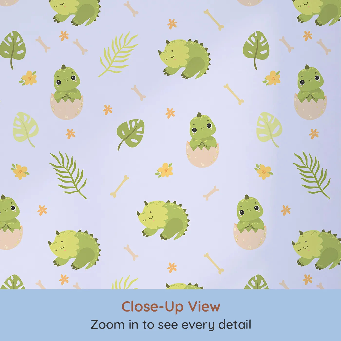 Close-up view of Whimsy Tots' Hatching Dino Friends Wallpaper in Lilac Mist Lavender (W3109E).Sweet dinos and soft florals drift through a lavender jungle breeze.