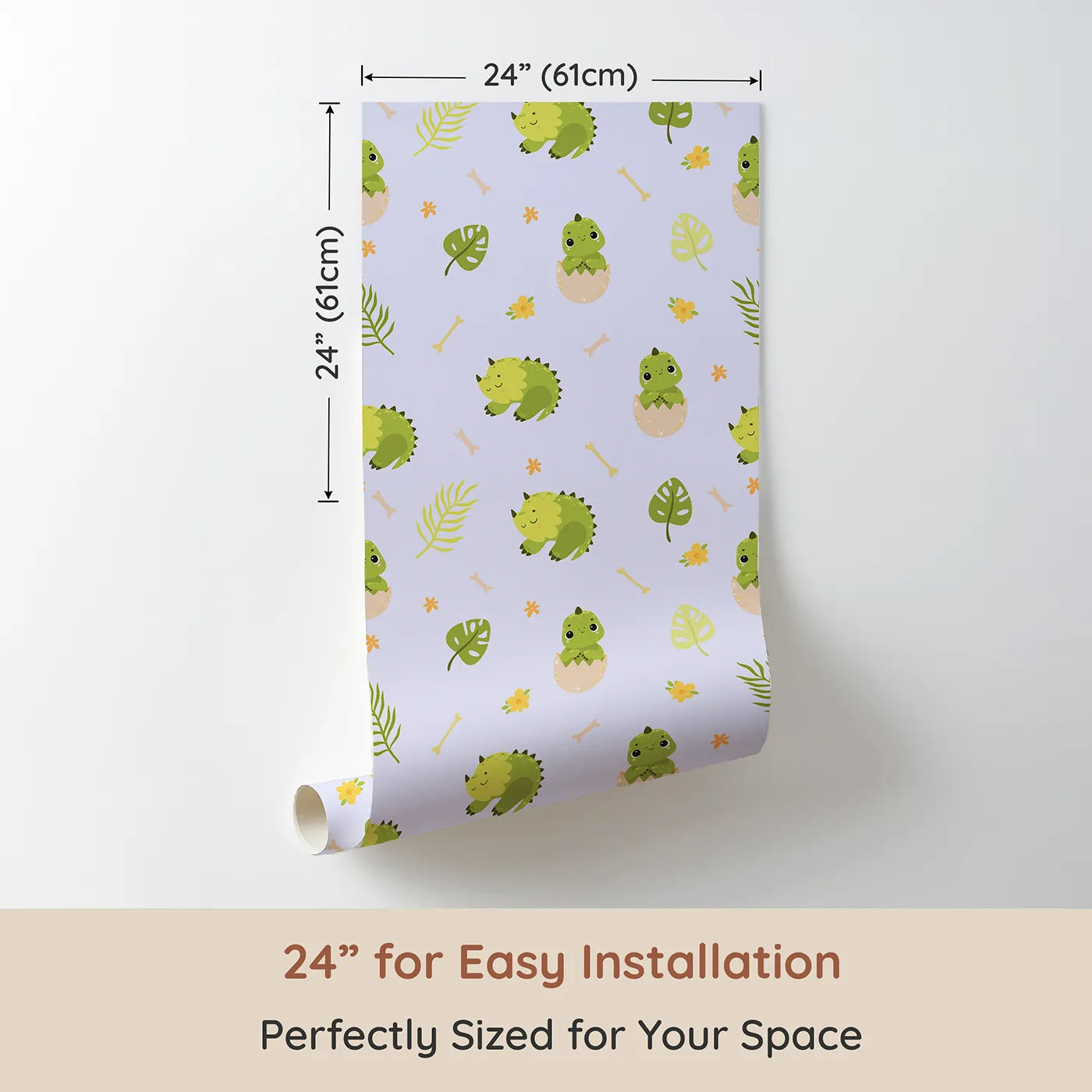 Dimension view of Whimsy Tots Hatching Dino Friends Wallpaper in Lilac Mist Lavender (W3109E). Printed in 24-inch-wide panel for easy installation. Sweet dinos and soft florals drift through a lavender jungle breeze.