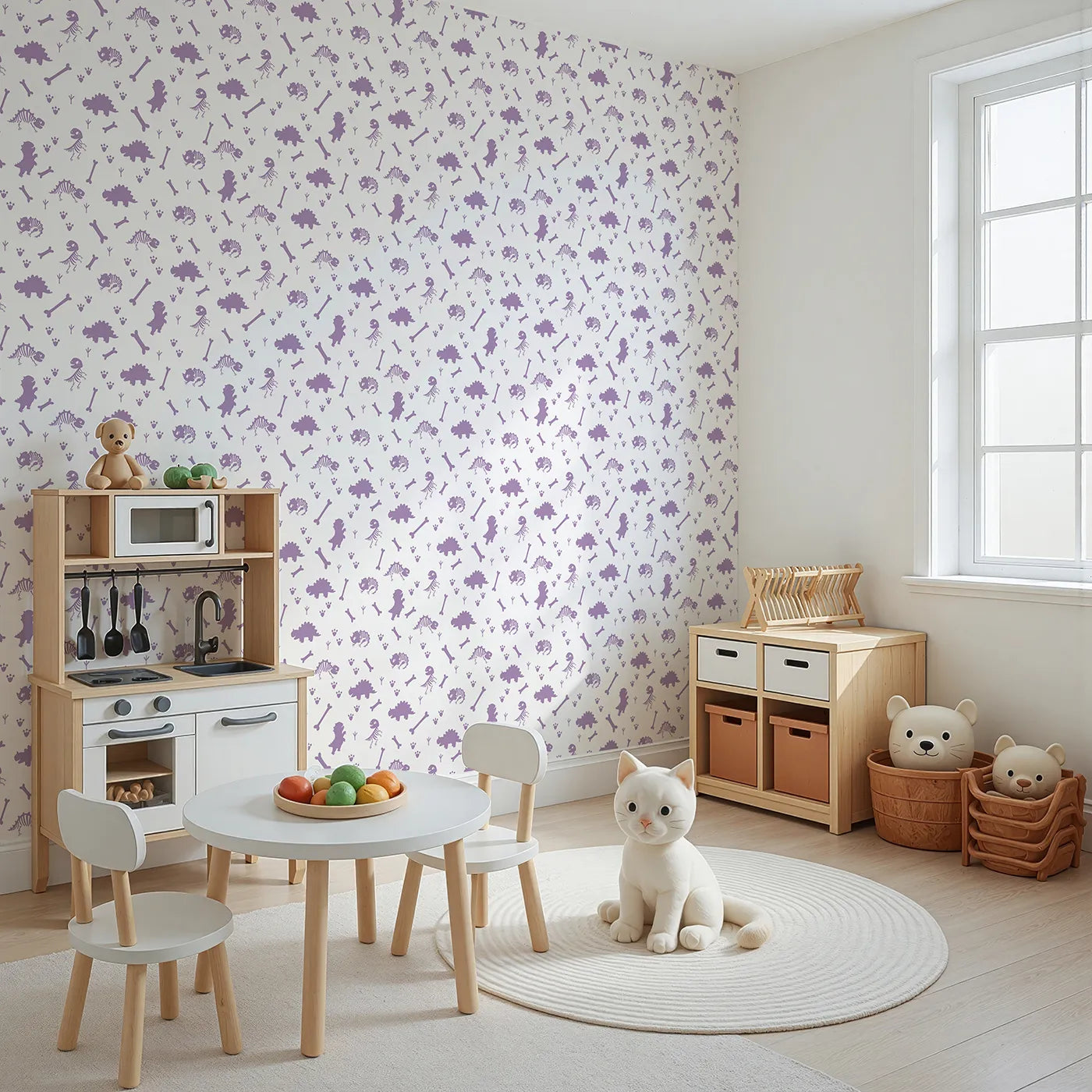 Angled view of Whimsy Tots' Fossil Roar Parade Wallpaper in Lavender Bone (W3110A).Bones and dino prints bring prehistoric fun in soft lavender shades.
