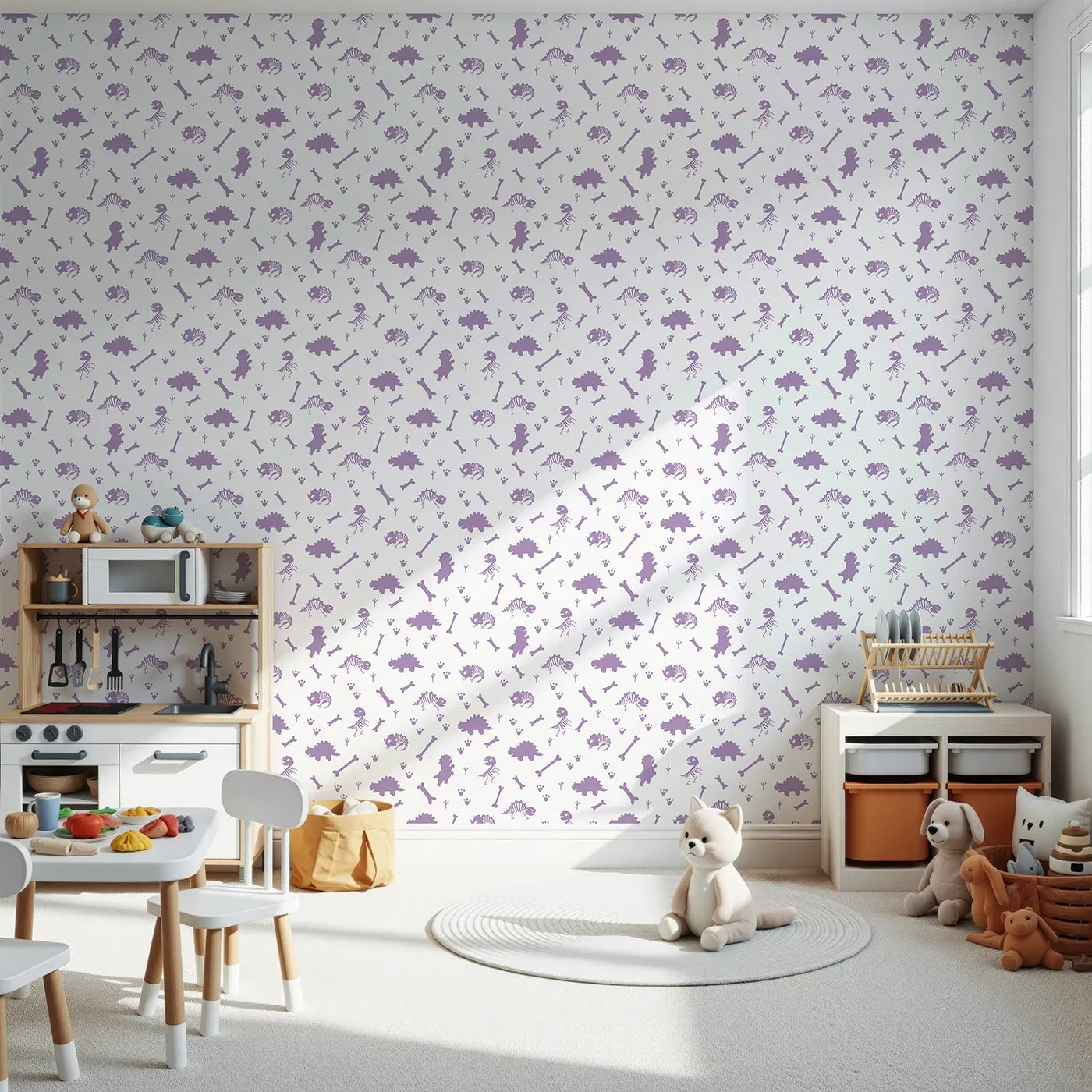 Front view of Whimsy Tots' Fossil Roar Parade Wallpaper in Lavender Bone