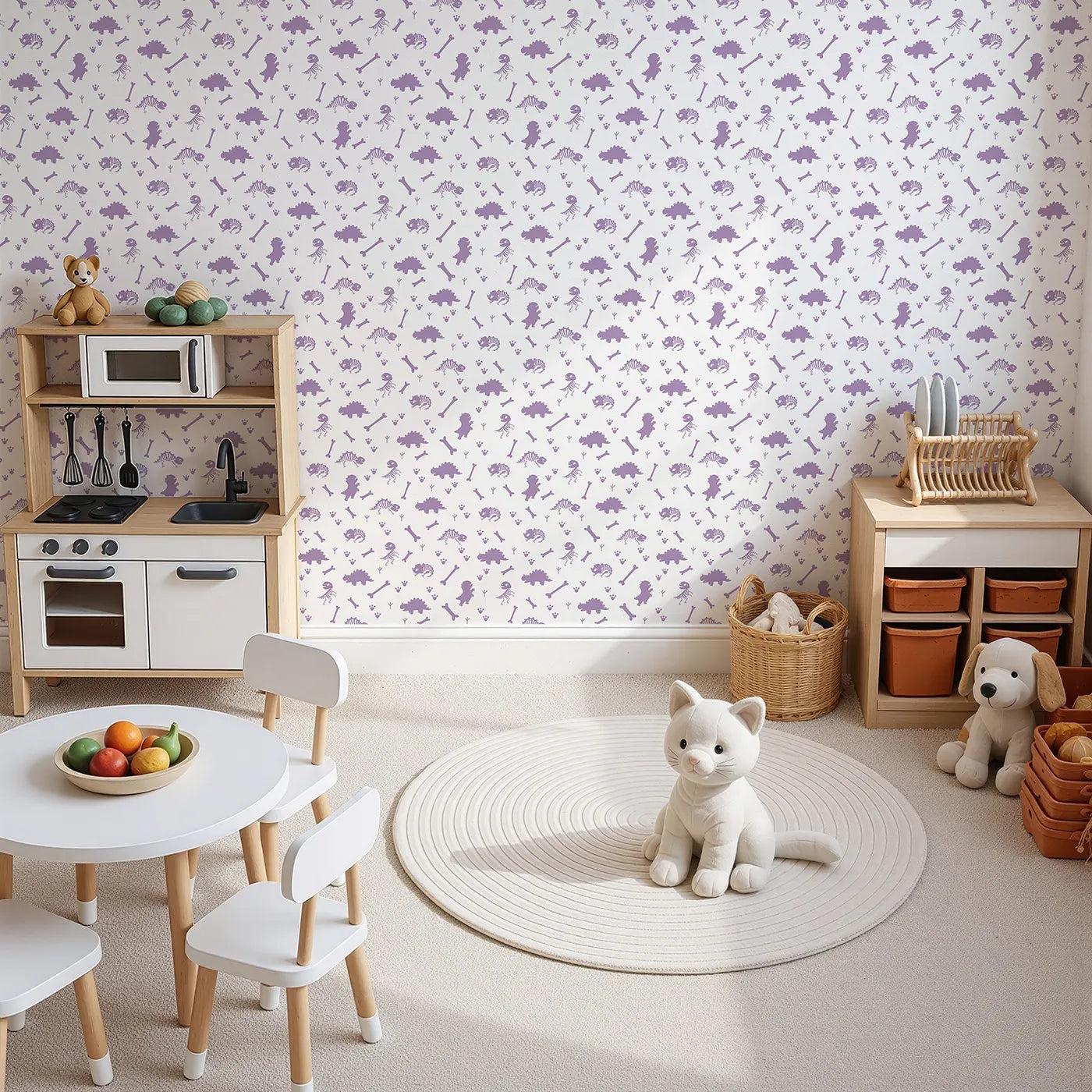 Top-Down view of Whimsy Tots' Fossil Roar Parade Wallpaper in Lavender Bone (W3110A).Bones and dino prints bring prehistoric fun in soft lavender shades.