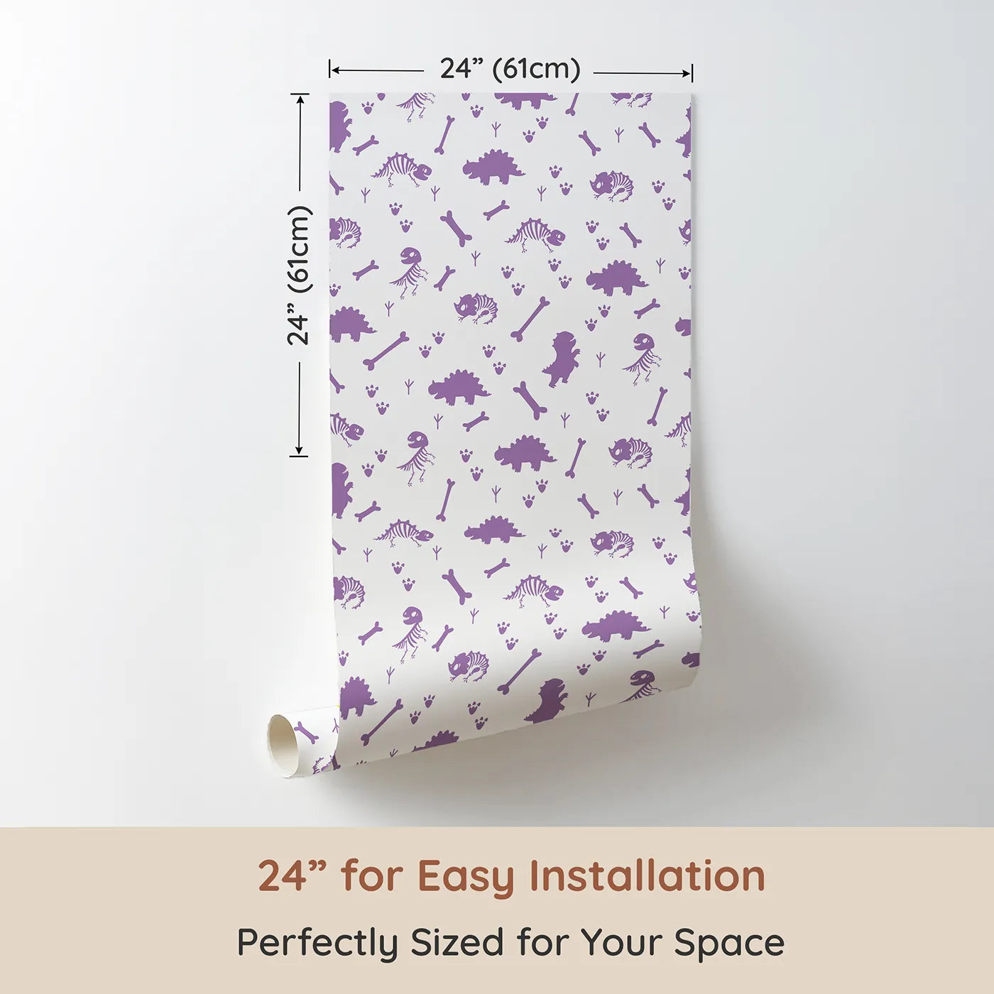 Dimension view of Whimsy Tots Fossil Roar Parade Wallpaper in Lavender Bone (W3110A). Printed in 24-inch-wide panel for easy installation. Bones and dino prints bring prehistoric fun in soft lavender shades.