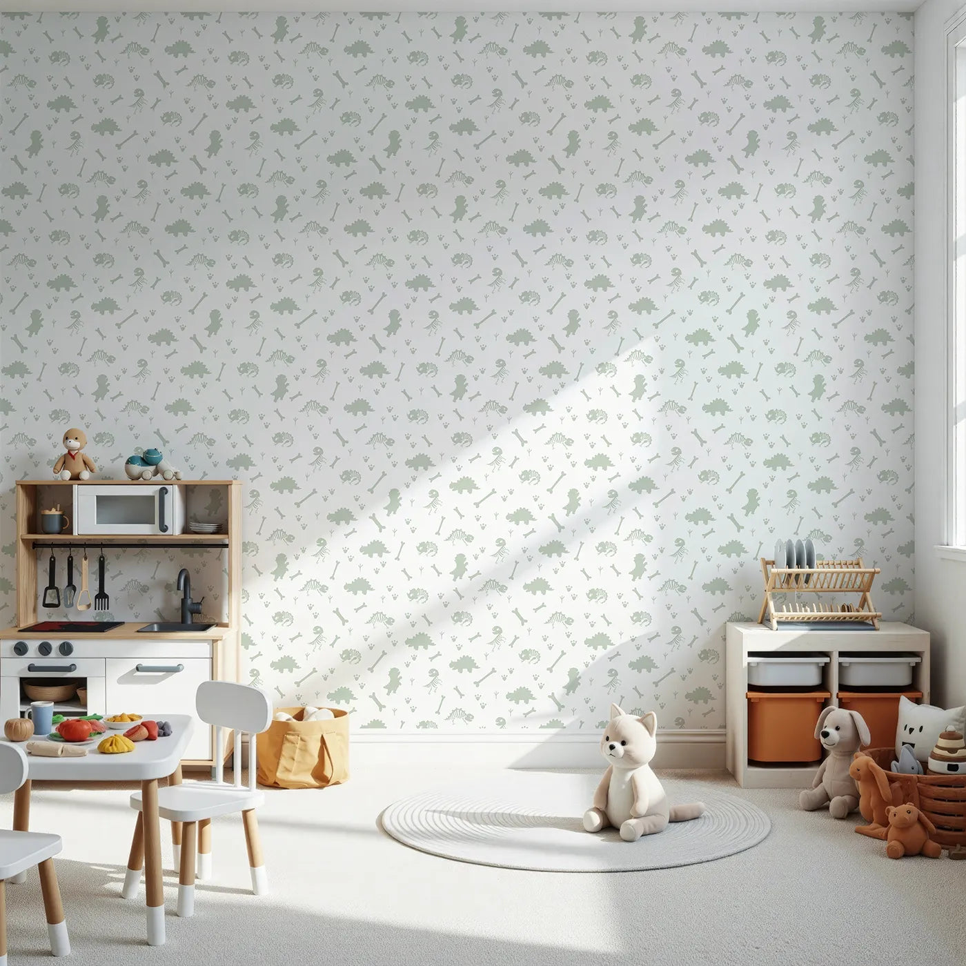 Front view of Whimsy Tots' Fossil Roar Parade Wallpaper in Sage Tracks Green