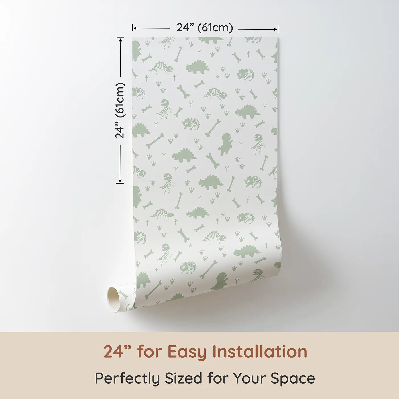 Dimension view of Whimsy Tots Fossil Roar Parade Wallpaper in Sage Tracks Green (W3110C). Printed in 24-inch-wide panel for easy installation. Gentle dino fossils and footprints bring soft adventure to quiet spaces.