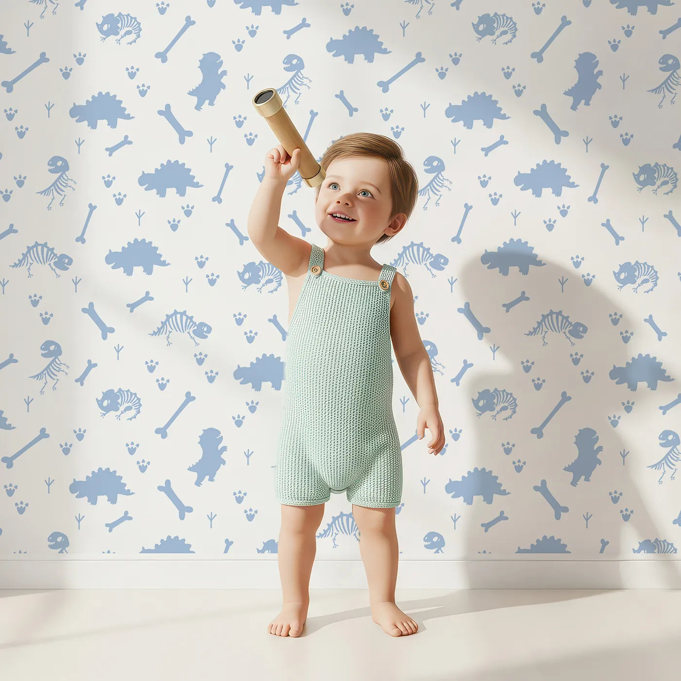 Lovely child standing in front of Whimsy Tots Fossil Roar Parade Wallpaper in Blue Dust with dinosaur, skeleton, bone, footprint in design.