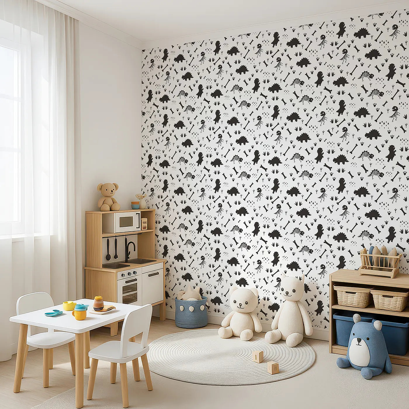 Angled view of Whimsy Tots' Dino Fossil Footprints Wallpaper in Black & White (W3111A).Playful fossils and footprints map ancient adventures.