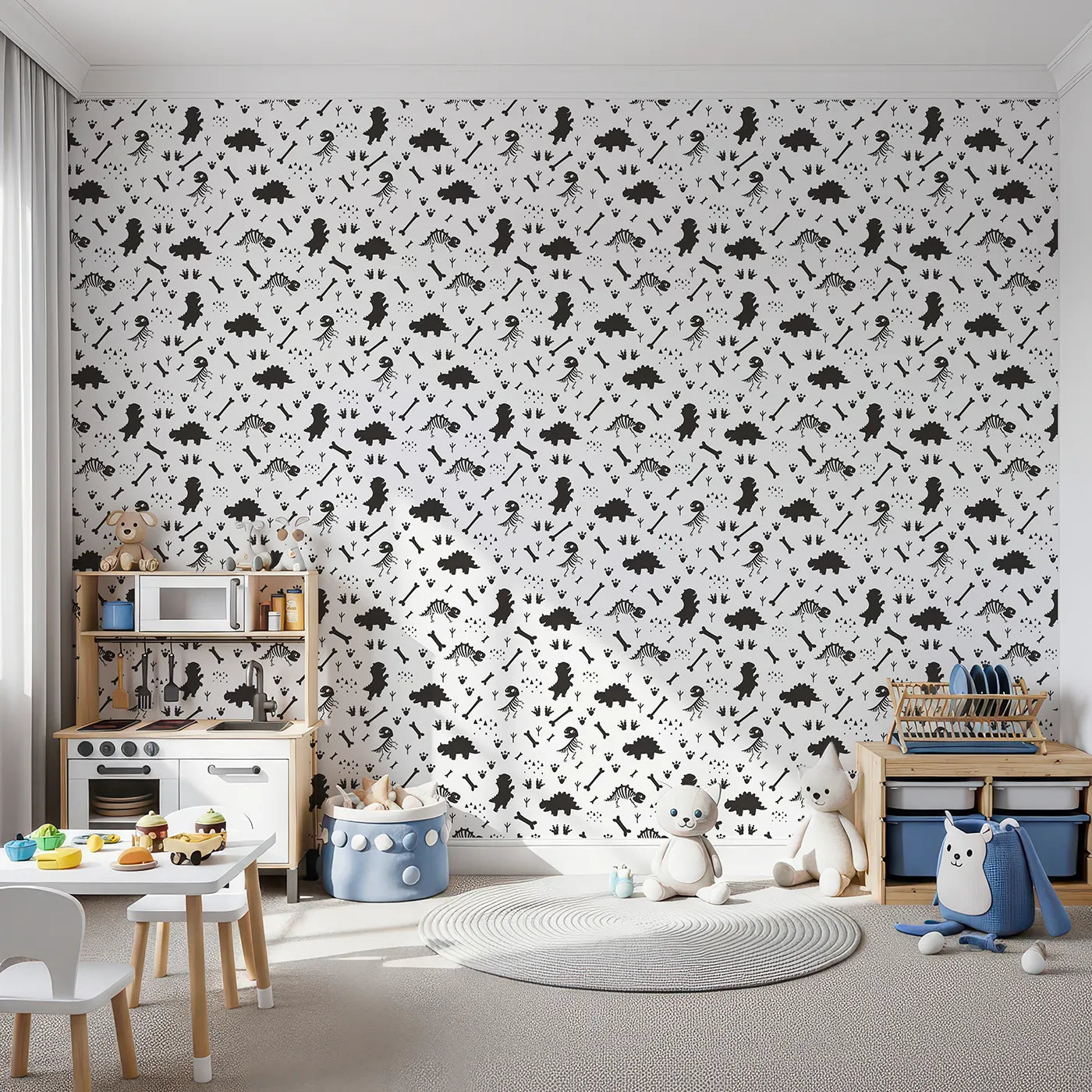 Front view of Whimsy Tots' Dino Fossil Footprints Wallpaper in Black & White