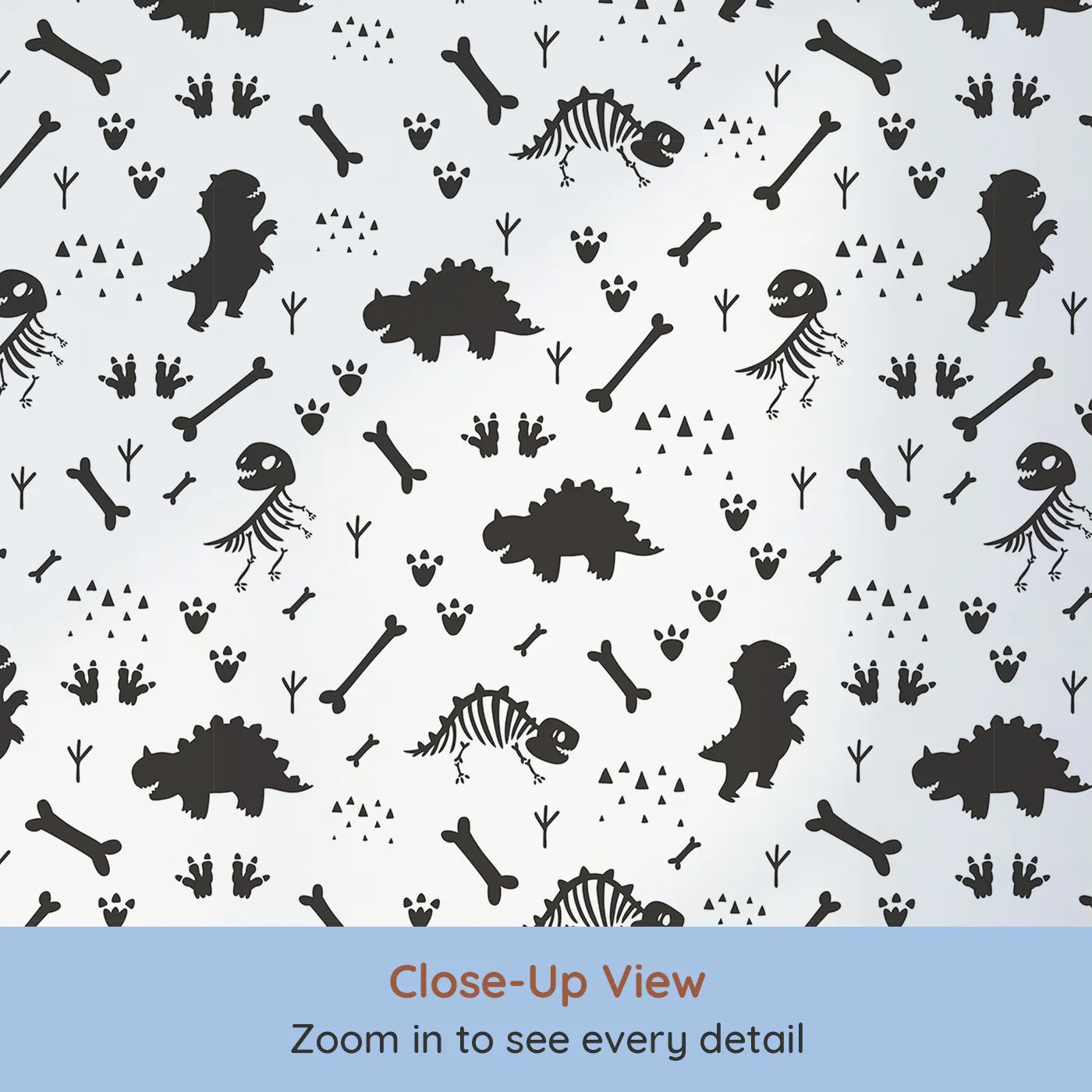 Close-up view of Whimsy Tots' Dino Fossil Footprints Wallpaper in Black & White (W3111A).Playful fossils and footprints map ancient adventures.