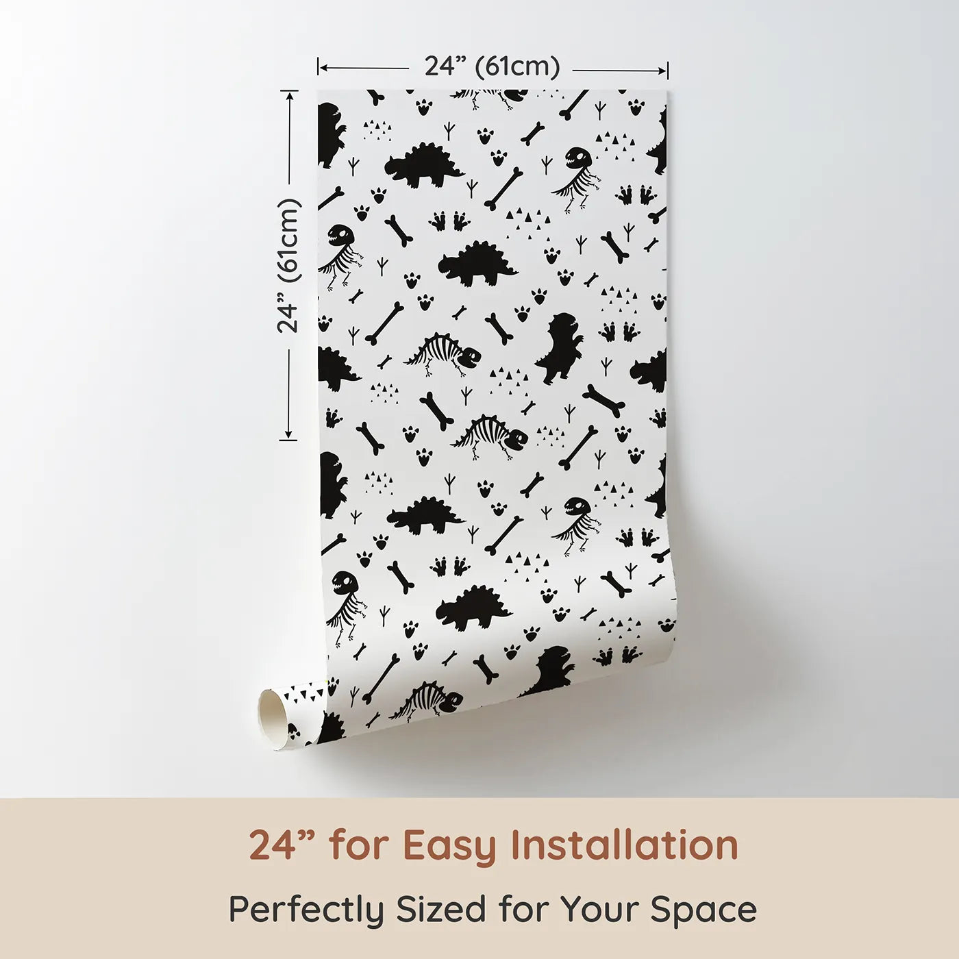 Dimension view of Whimsy Tots Dino Fossil Footprints Wallpaper in Black & White (W3111A). Printed in 24-inch-wide panel for easy installation. Playful fossils and footprints map ancient adventures.