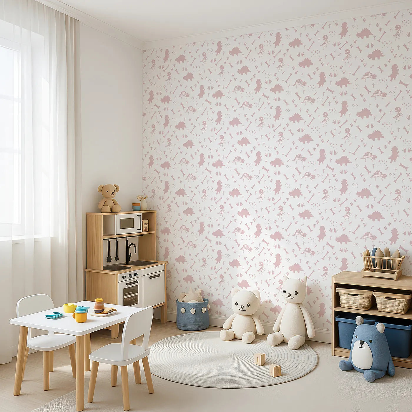 Angled view of Whimsy Tots' Dino Fossil Footprints Wallpaper in Dusty Pink (W3111B).Playful fossils and footprints map ancient adventures.