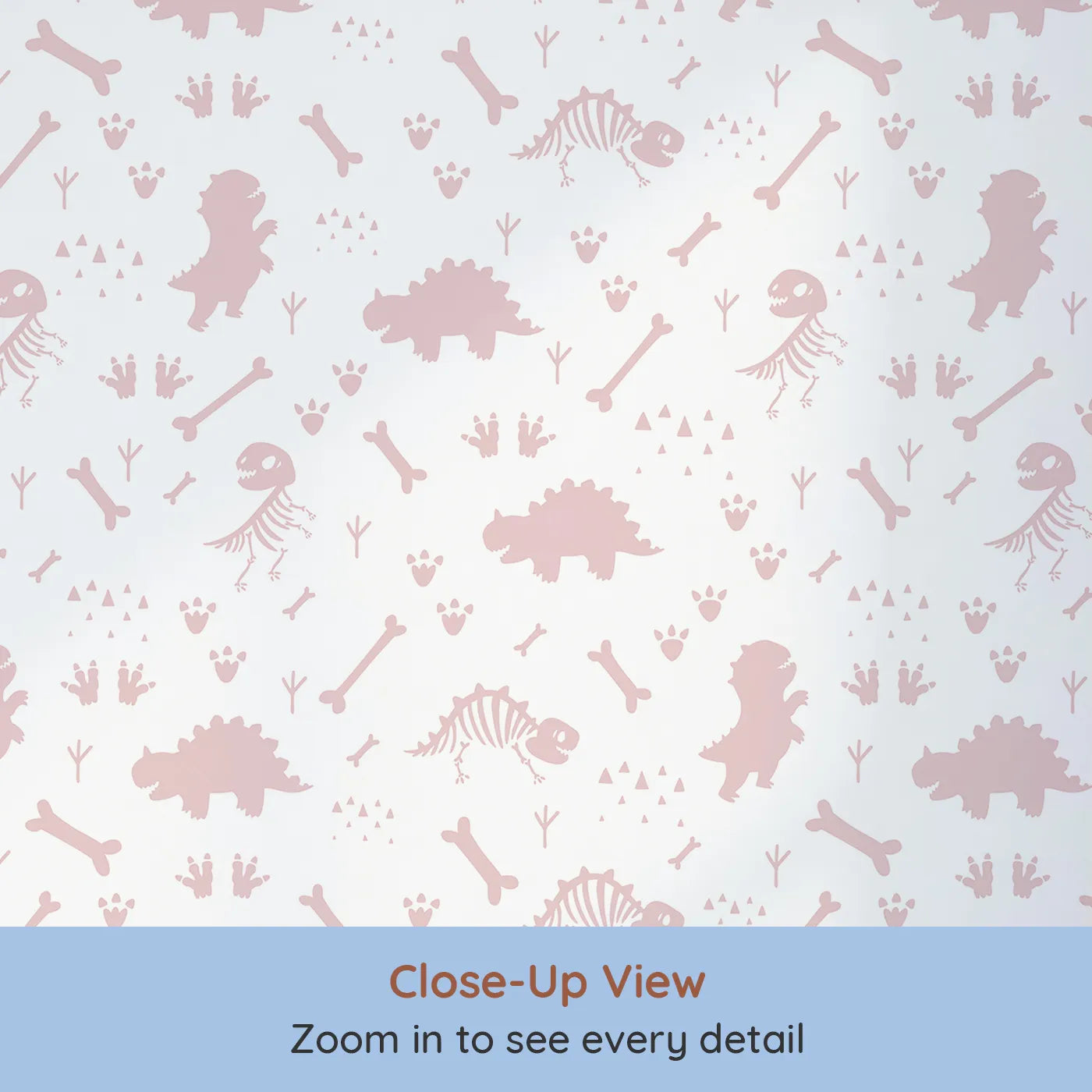 Close-up view of Whimsy Tots' Dino Fossil Footprints Wallpaper in Dusty Pink (W3111B).Playful fossils and footprints map ancient adventures.