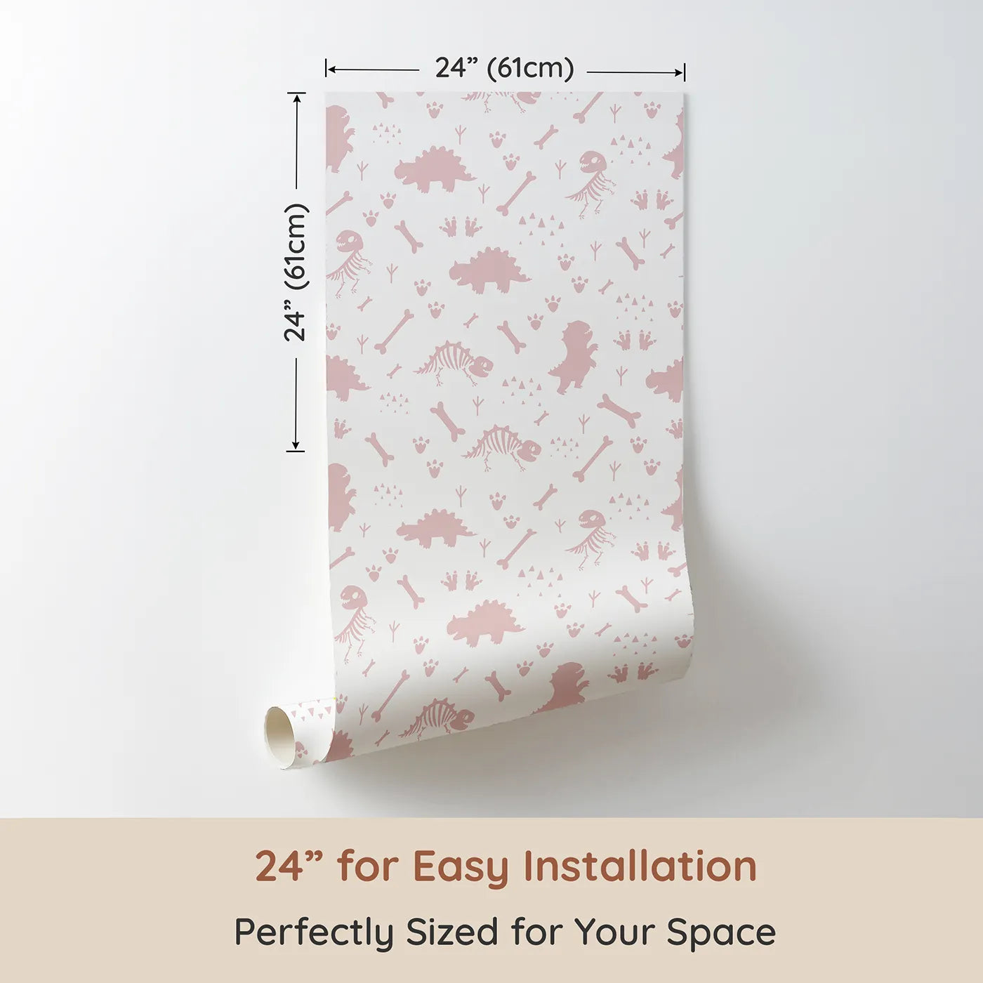 Dimension view of Whimsy Tots Dino Fossil Footprints Wallpaper in Dusty Pink (W3111B). Printed in 24-inch-wide panel for easy installation. Playful fossils and footprints map ancient adventures.