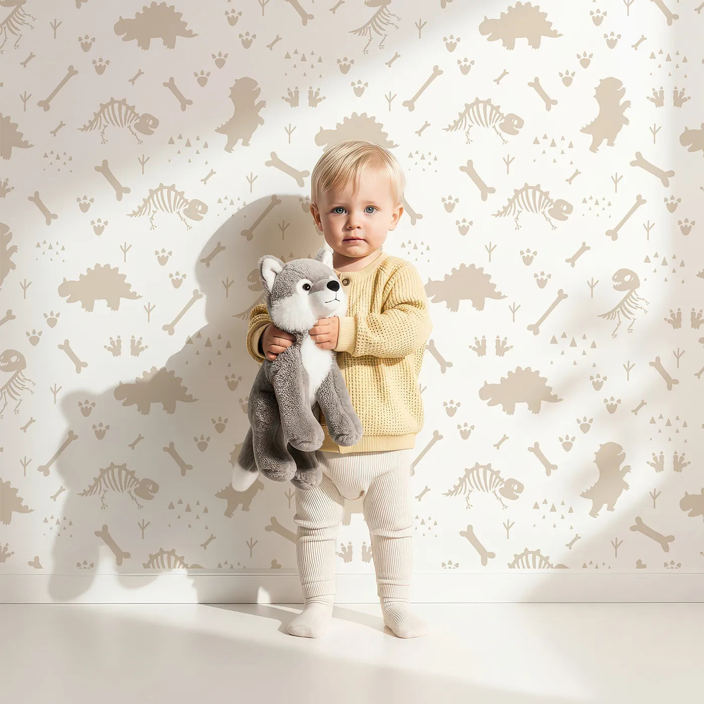 Lovely child standing in front of Whimsy Tots Dino Fossil Footprints Wallpaper in Warm Sand with dinosaur, fossil, bone, footprint in design.