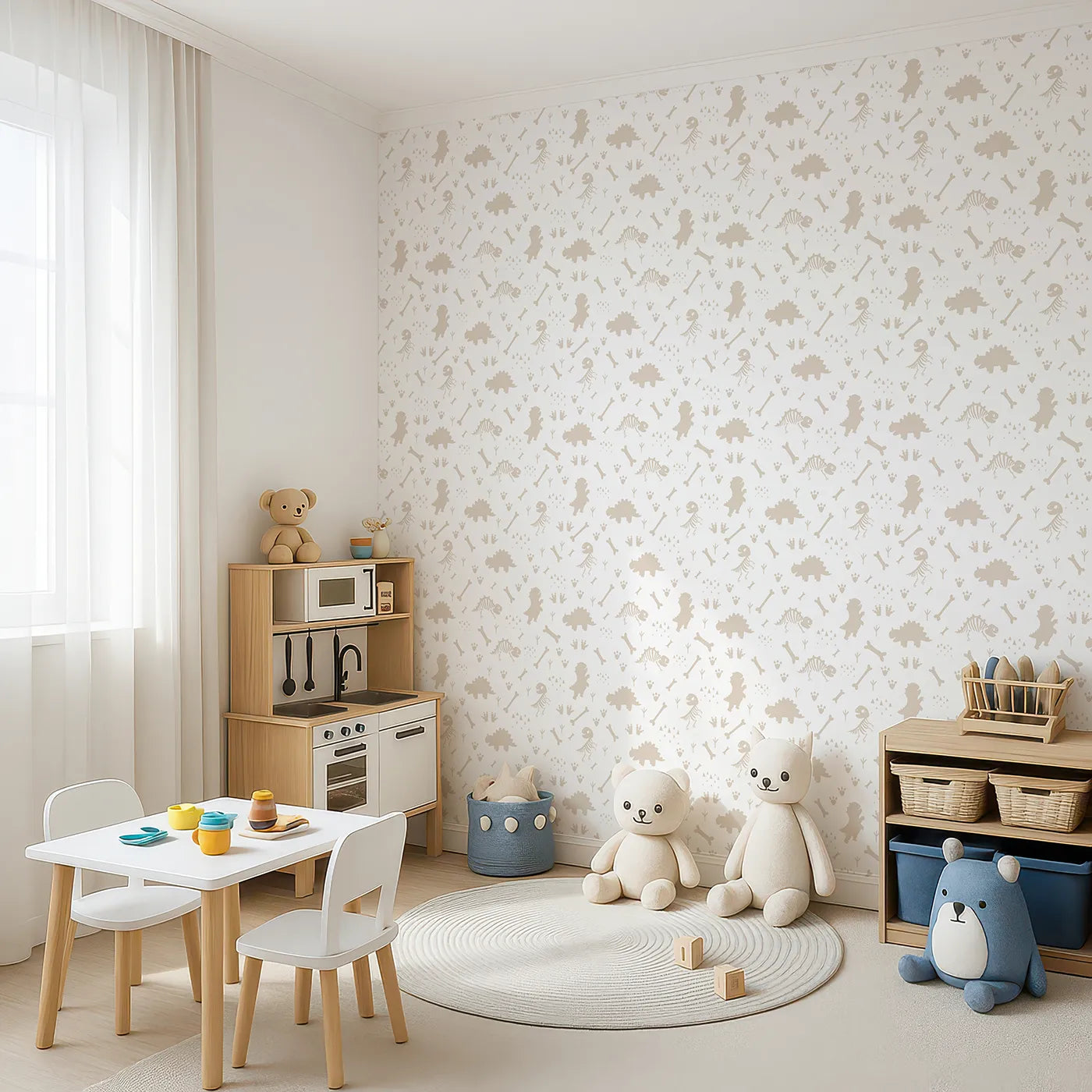 Angled view of Whimsy Tots' Dino Fossil Footprints Wallpaper in Warm Sand (W3111C).Playful fossils and footprints map ancient adventures.