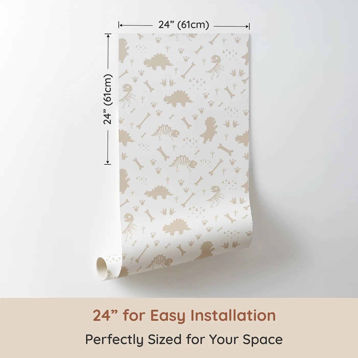 Dimension view of Whimsy Tots Dino Fossil Footprints Wallpaper in Warm Sand (W3111C). Printed in 24-inch-wide panel for easy installation. Playful fossils and footprints map ancient adventures.