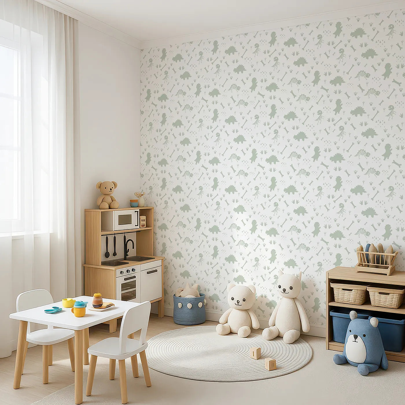 Angled view of Whimsy Tots' Dino Fossil Footprints Wallpaper in Sage Green (W3111D).Playful fossils and footprints map ancient adventures.