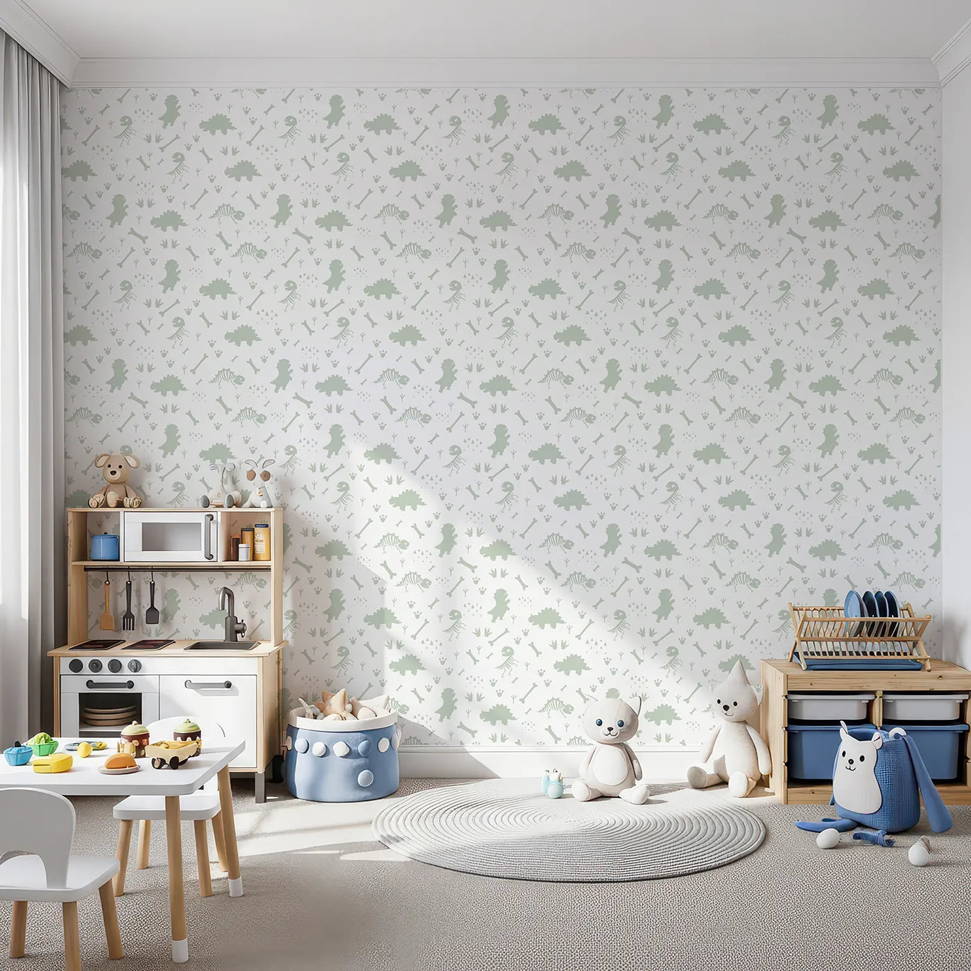 Front view of Whimsy Tots' Dino Fossil Footprints Wallpaper in Sage Green