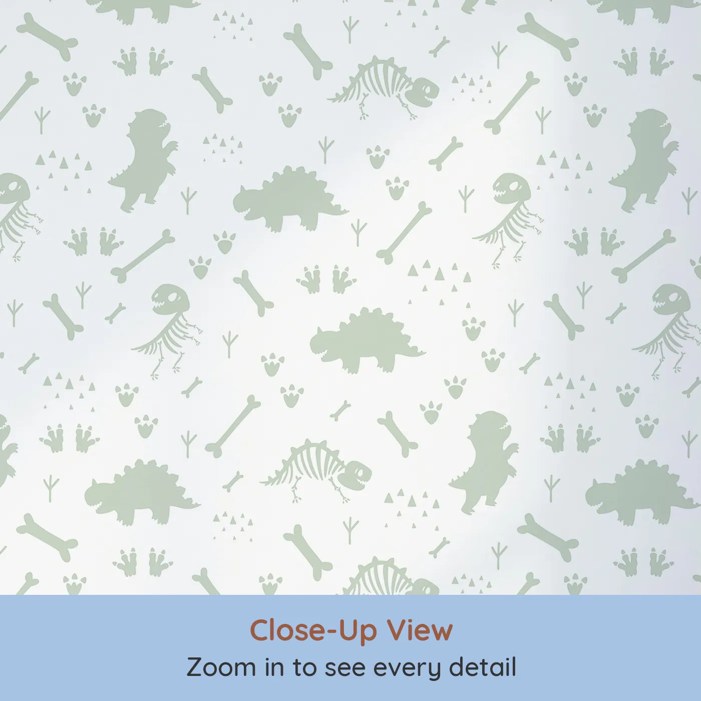 Close-up view of Whimsy Tots' Dino Fossil Footprints Wallpaper in Sage Green (W3111D).Playful fossils and footprints map ancient adventures.
