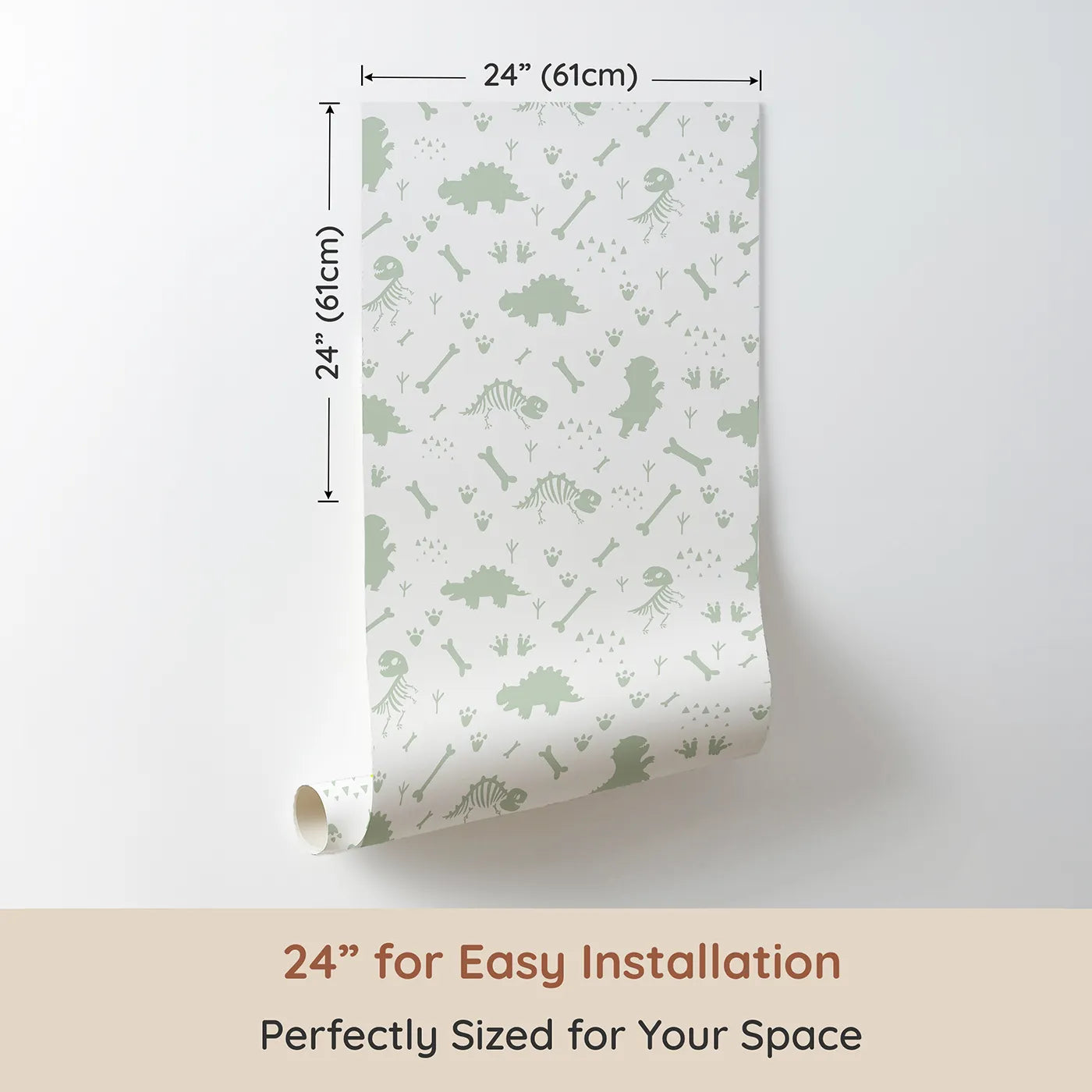 Dimension view of Whimsy Tots Dino Fossil Footprints Wallpaper in Sage Green (W3111D). Printed in 24-inch-wide panel for easy installation. Playful fossils and footprints map ancient adventures.