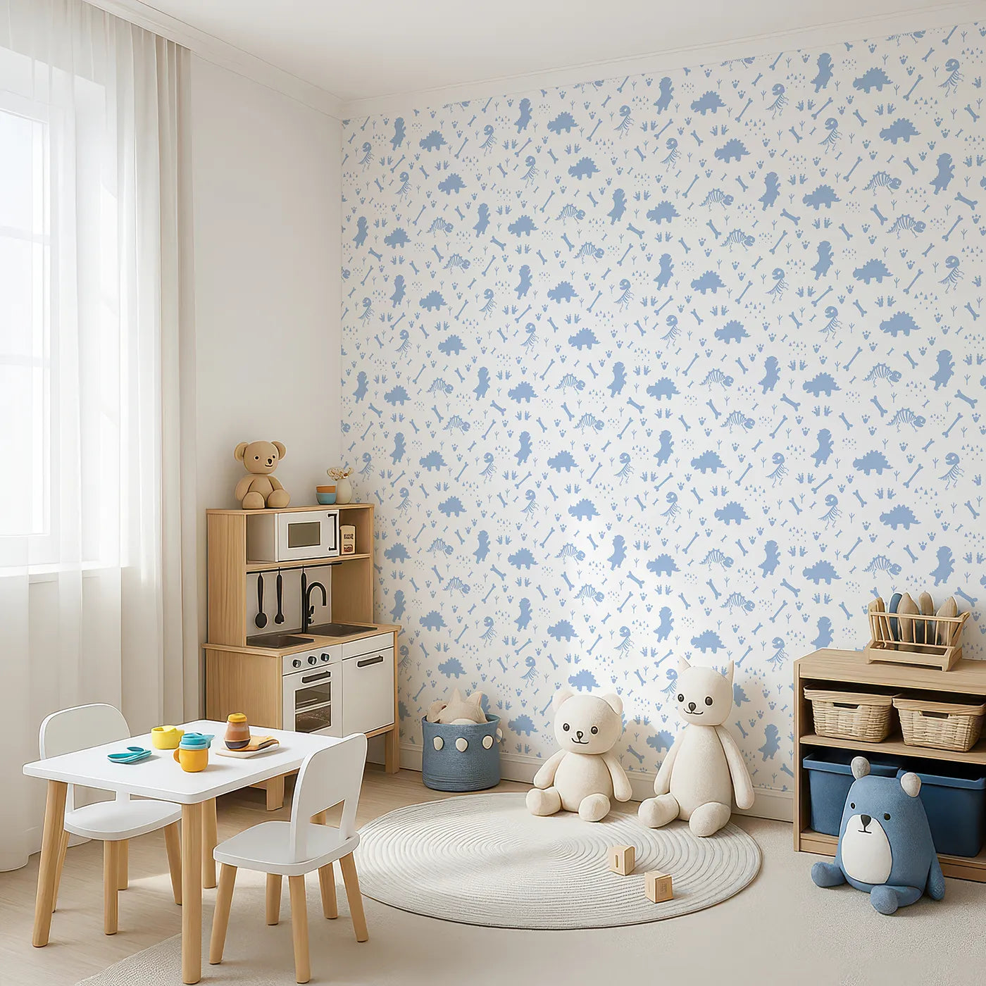 Angled view of Whimsy Tots' Dino Fossil Footprints Wallpaper in Sky Blue (W3111E).Playful fossils and footprints map ancient adventures.