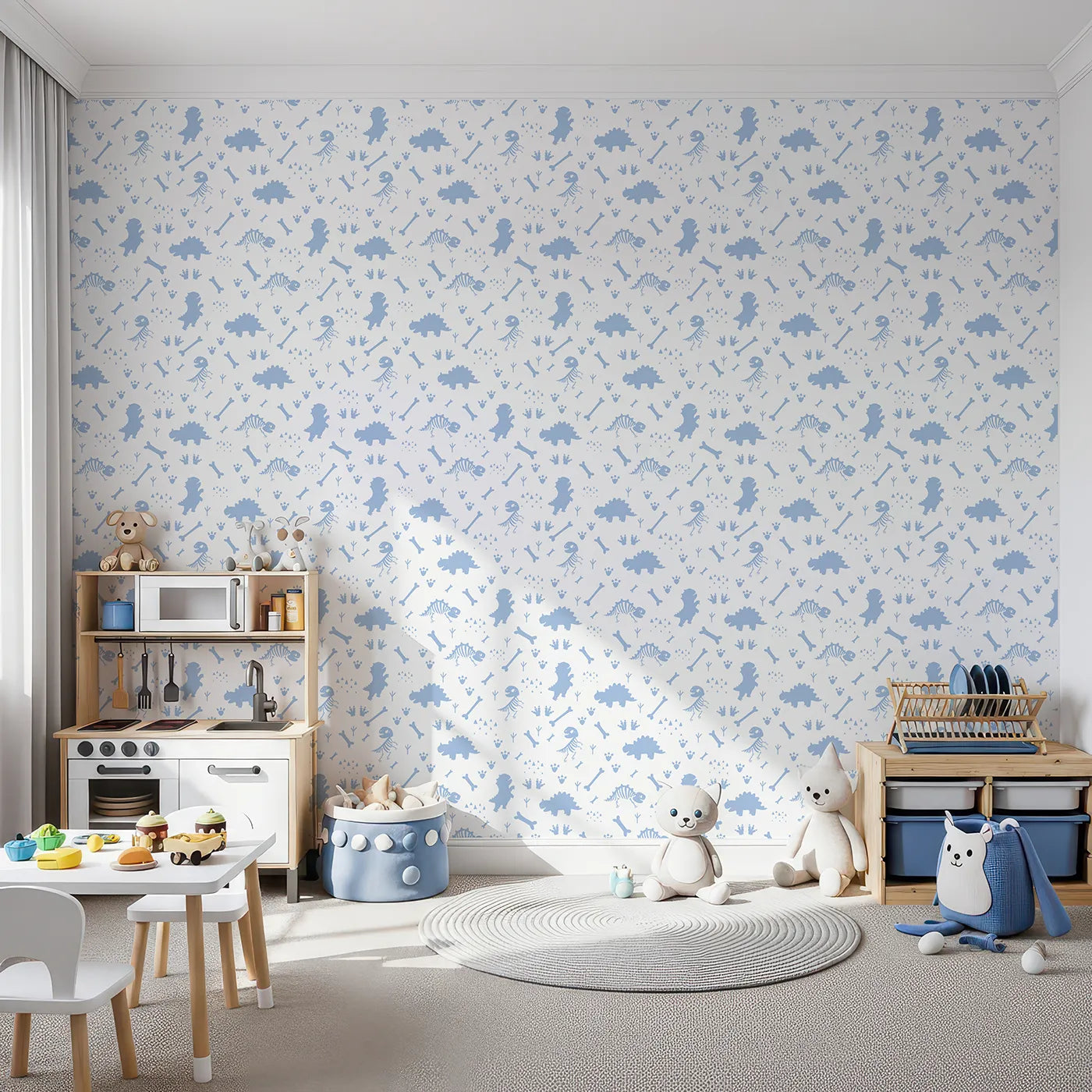 Front view of Whimsy Tots' Dino Fossil Footprints Wallpaper in Sky Blue
