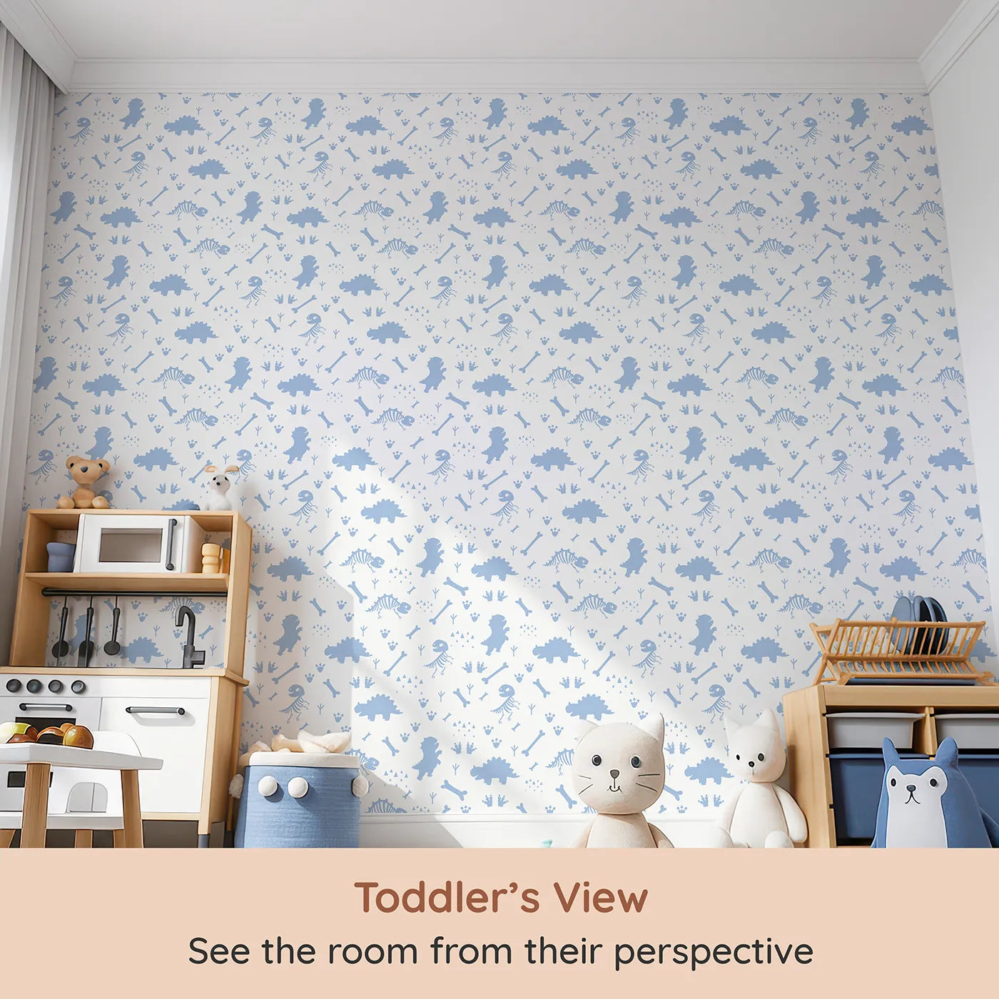 Whimsy Tots Dino Fossil Footprints Wallpaper in Sky Blue (W3111E) from your child's view.Playful fossils and footprints map ancient adventures.