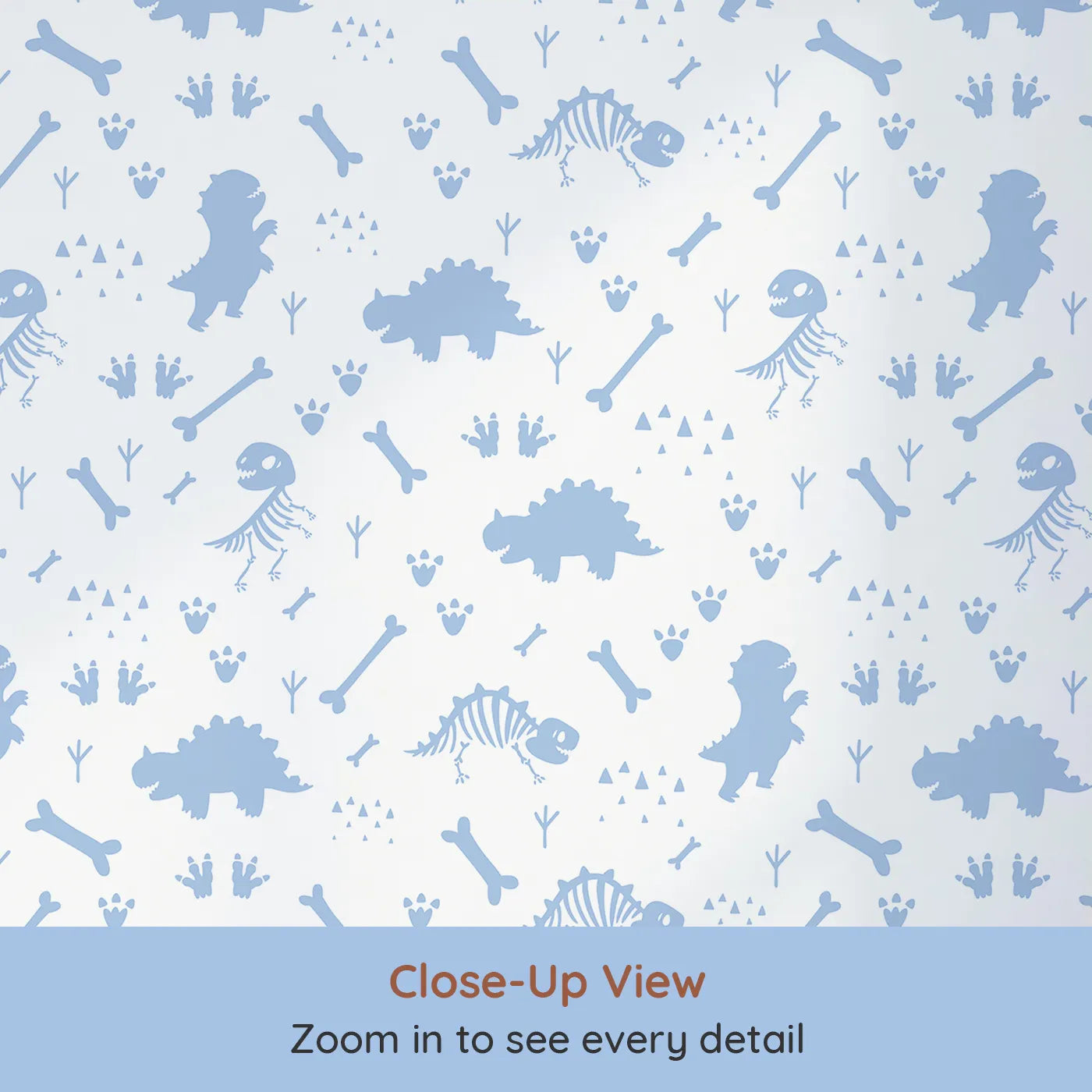 Close-up view of Whimsy Tots' Dino Fossil Footprints Wallpaper in Sky Blue (W3111E).Playful fossils and footprints map ancient adventures.