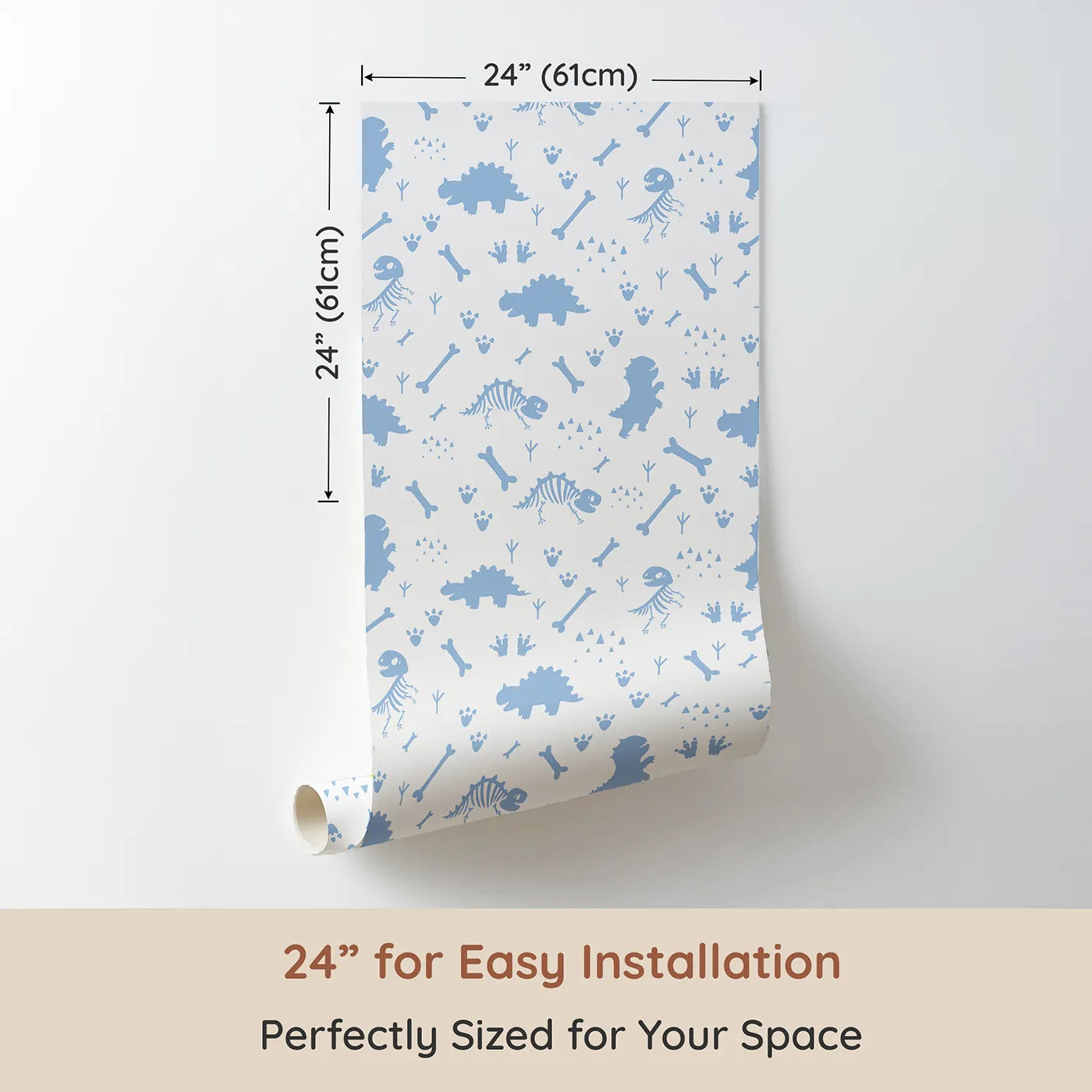 Dimension view of Whimsy Tots Dino Fossil Footprints Wallpaper in Sky Blue (W3111E). Printed in 24-inch-wide panel for easy installation. Playful fossils and footprints map ancient adventures.