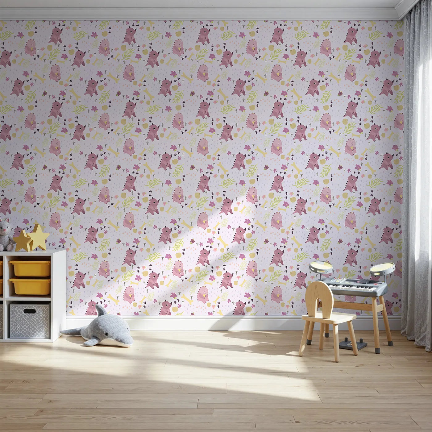 Front view of Whimsy Tots' Cuddle Saurus Garden Wallpaper in Lilac Whisper Lavender