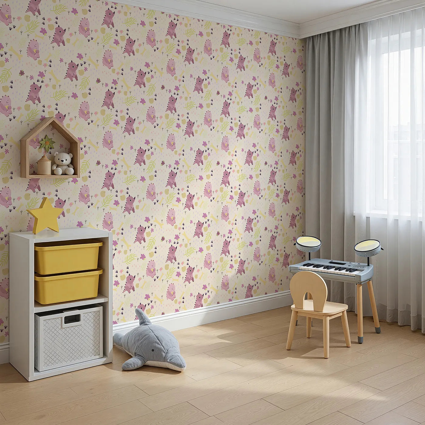 Angled view of Whimsy Tots' Cuddle Saurus Garden Wallpaper in Honey Beige (W3112B).Peachy dinos and sunny fossils turn every wall into a snuggly time-travel tale.