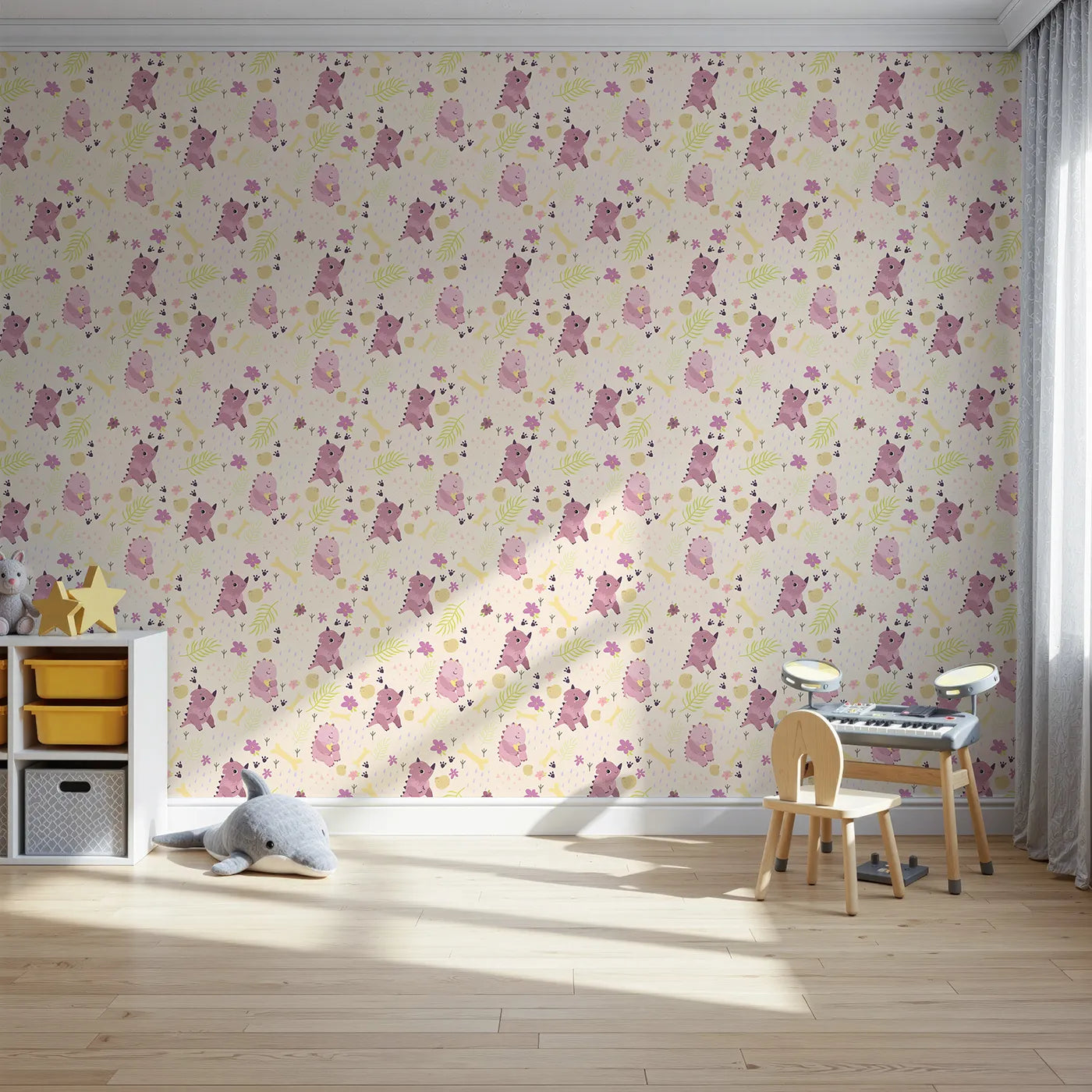 Front view of Whimsy Tots' Cuddle Saurus Garden Wallpaper in Honey Beige