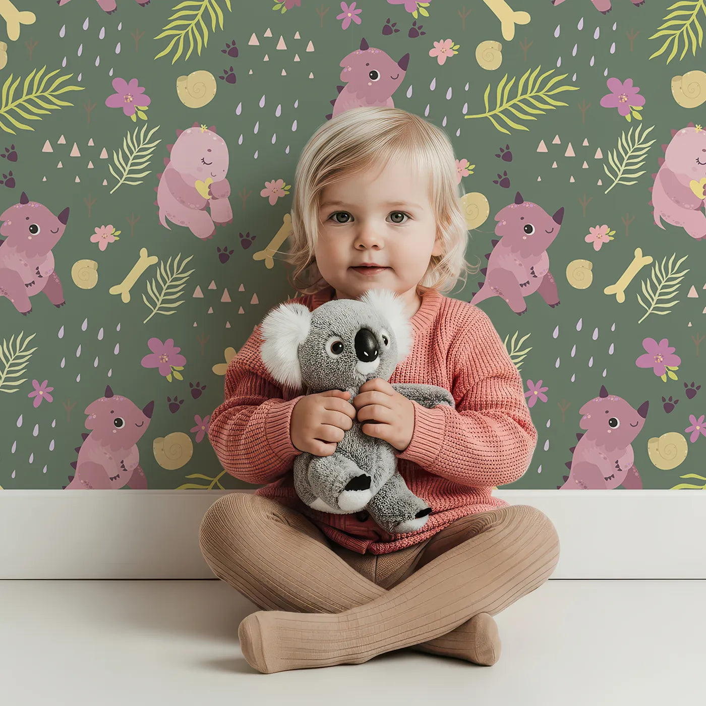 Lovely child standing in front of Whimsy Tots Cuddle Saurus Garden Wallpaper in Forest Fern Green with dinosaur, flower, bone, footprint in design.