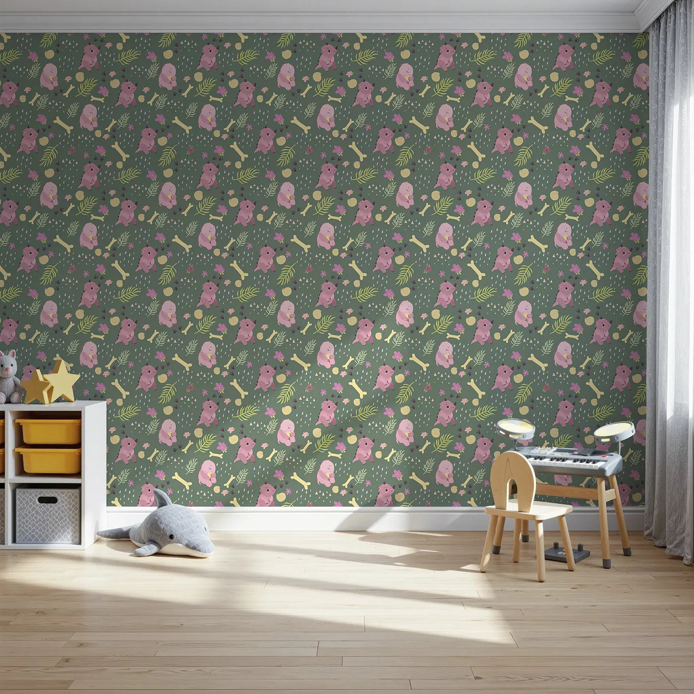Front view of Whimsy Tots' Cuddle Saurus Garden Wallpaper in Forest Fern Green