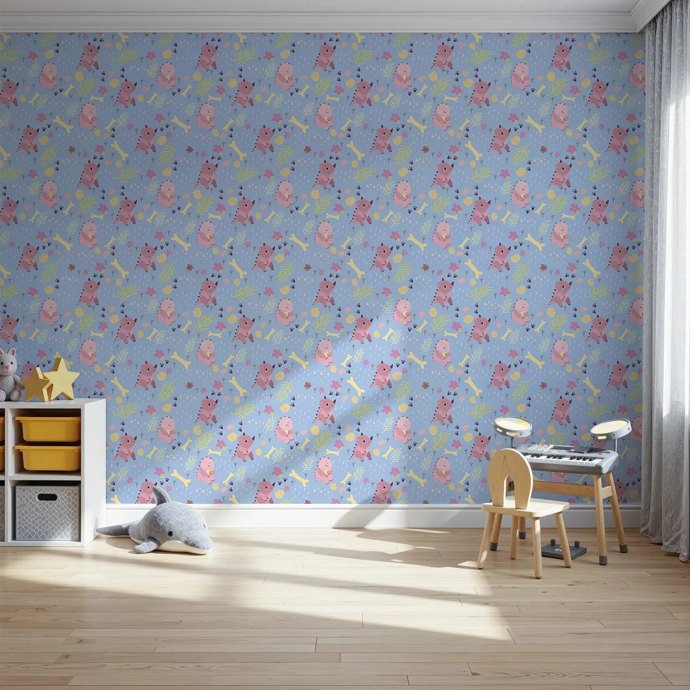 Front view of Whimsy Tots' Cuddle Saurus Garden Wallpaper in Skyberry Blue