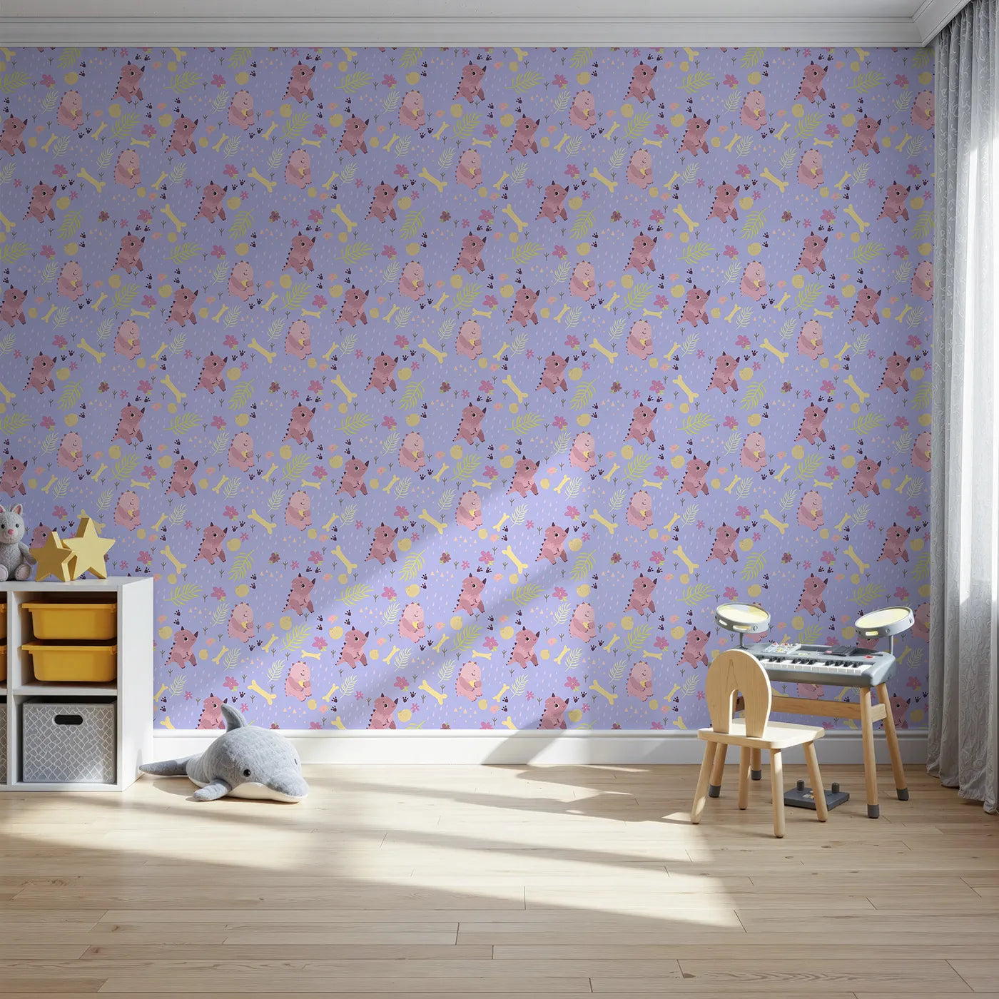 Front view of Whimsy Tots' Cuddle Saurus Garden Wallpaper in Lavender Mist
