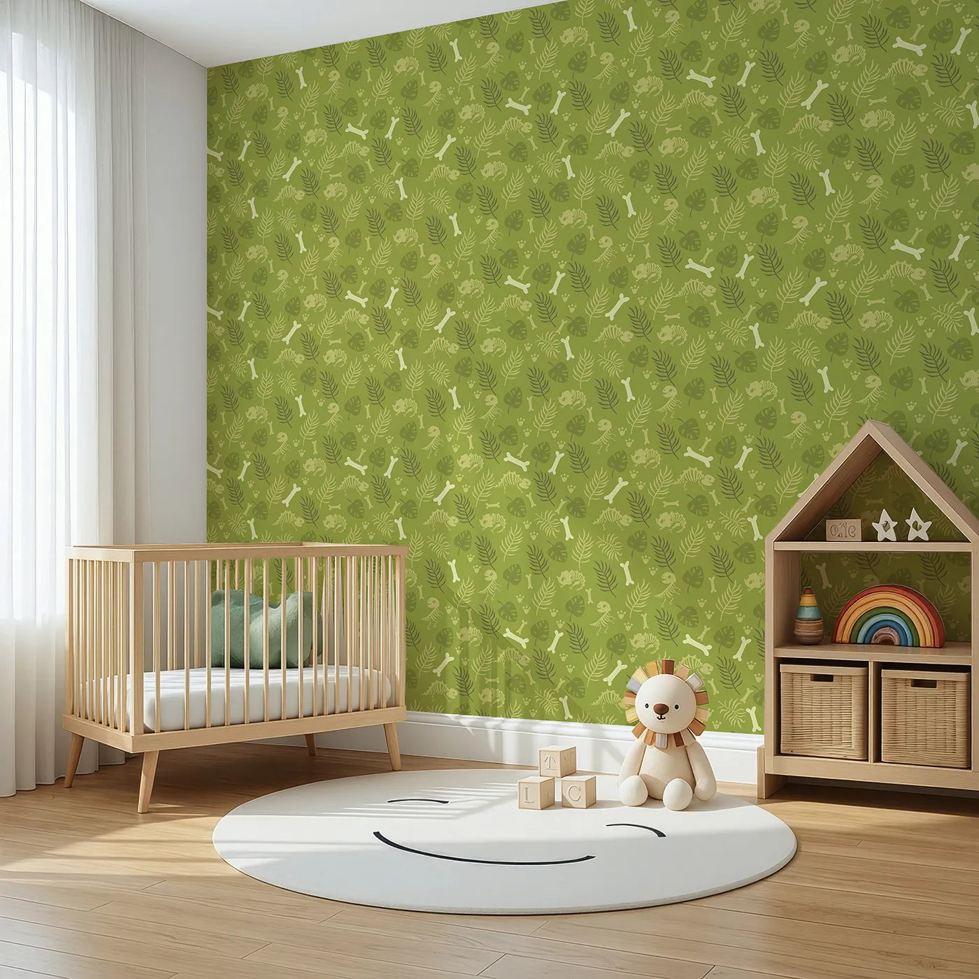 Angled view of Whimsy Tots' Fossil Roar Parade Wallpaper in Sage Green (W3113).Earthy sage fossils and playful prints create a dino-den of calm.