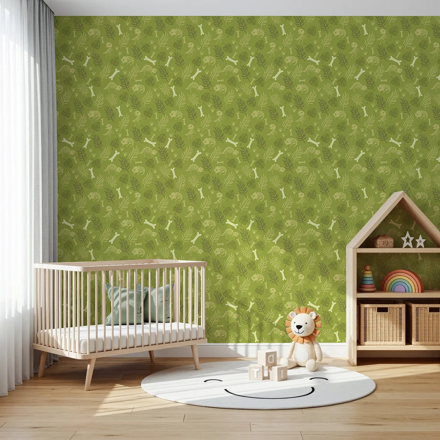 Front view of Whimsy Tots' Fossil Roar Parade Wallpaper in Sage Green