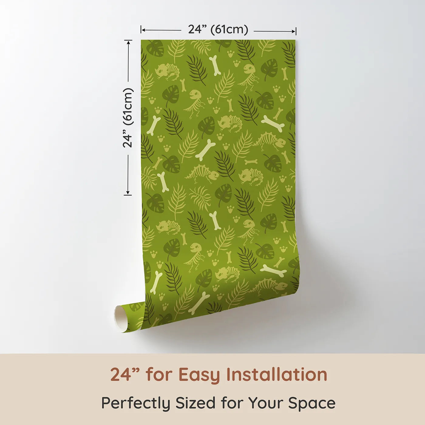 Dimension view of Whimsy Tots Fossil Roar Parade Wallpaper in Sage Green (W3113). Printed in 24-inch-wide panel for easy installation. Earthy sage fossils and playful prints create a dino-den of calm.