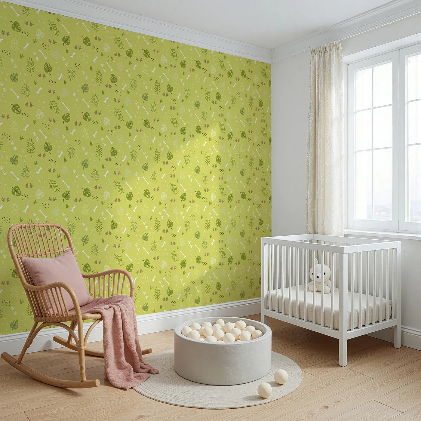 Angled view of Whimsy Tots' Jungle Fossil Tracks Wallpaper in Leafy Lime (W3114).Playful footprints and bones wander through wild green leaves.