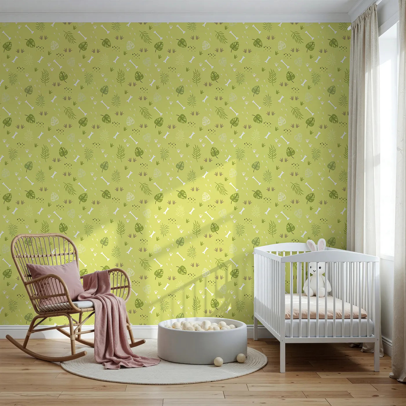 Front view of Whimsy Tots' Jungle Fossil Tracks Wallpaper in Leafy Lime