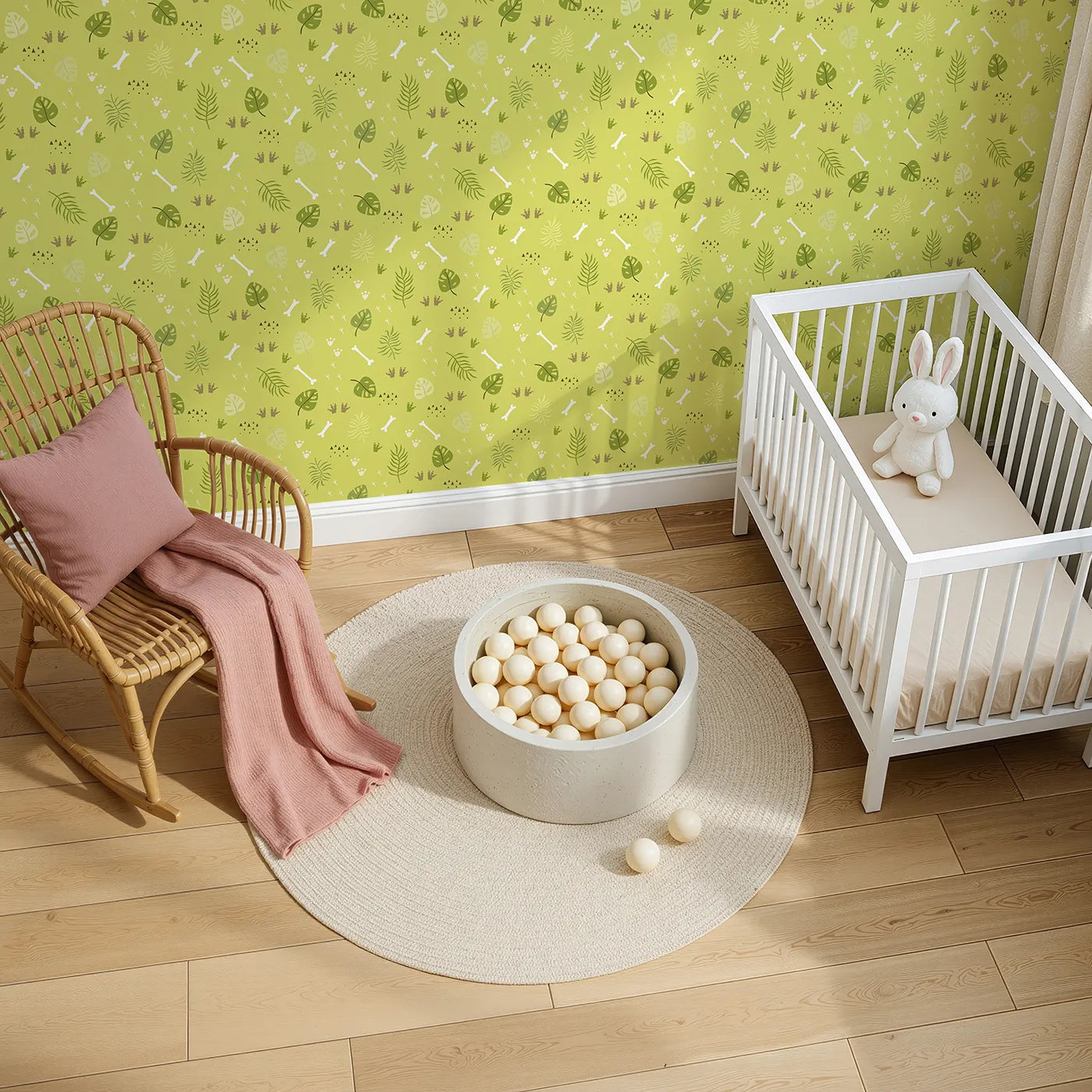 Top-Down view of Whimsy Tots' Jungle Fossil Tracks Wallpaper in Leafy Lime (W3114).Playful footprints and bones wander through wild green leaves.