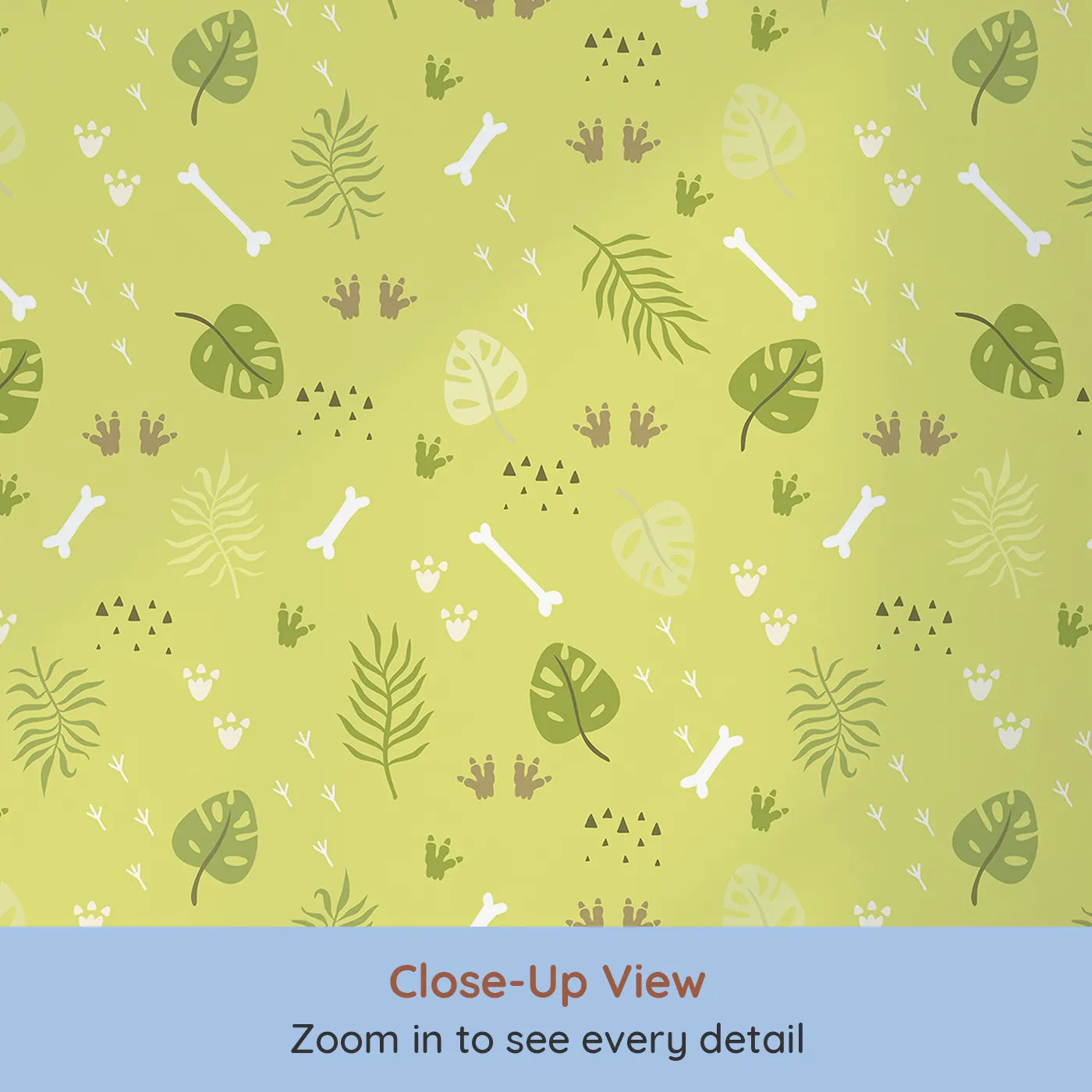 Close-up view of Whimsy Tots' Jungle Fossil Tracks Wallpaper in Leafy Lime (W3114).Playful footprints and bones wander through wild green leaves.