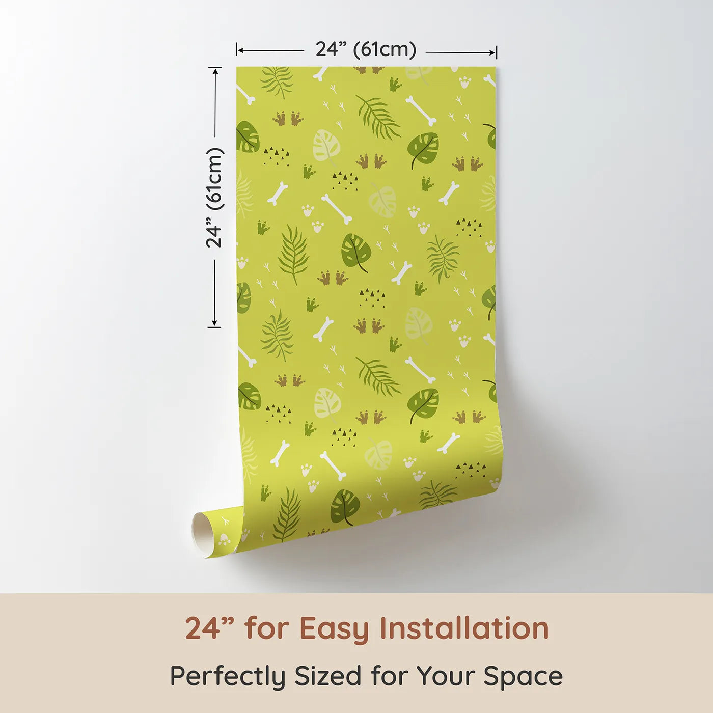 Dimension view of Whimsy Tots Jungle Fossil Tracks Wallpaper in Leafy Lime (W3114). Printed in 24-inch-wide panel for easy installation. Playful footprints and bones wander through wild green leaves.
