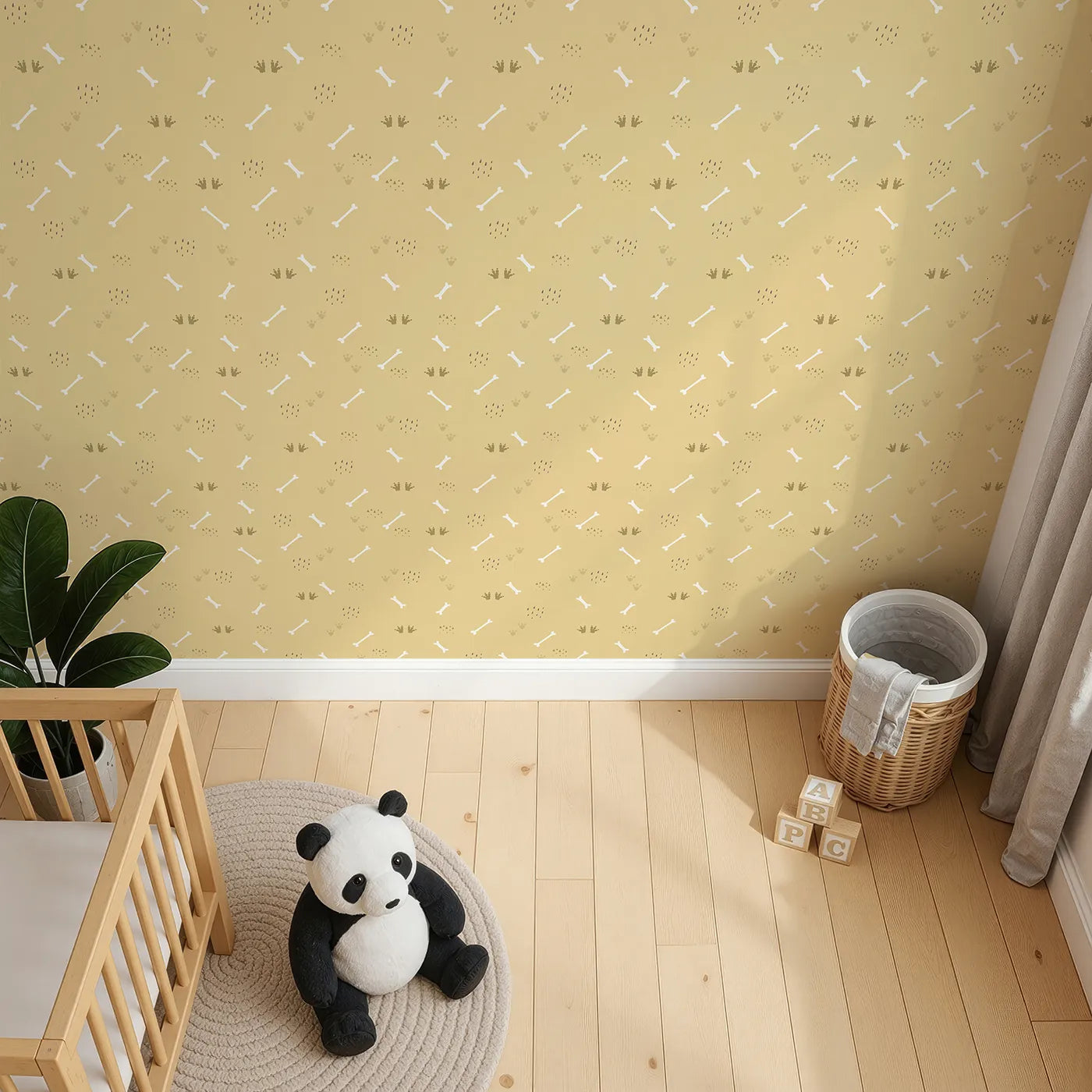 Top-Down view of Whimsy Tots' Dino Dig Basics Wallpaper in Fossil Beige (W3115A).Simple prints of dino tracks and bones add subtle prehistoric charm.